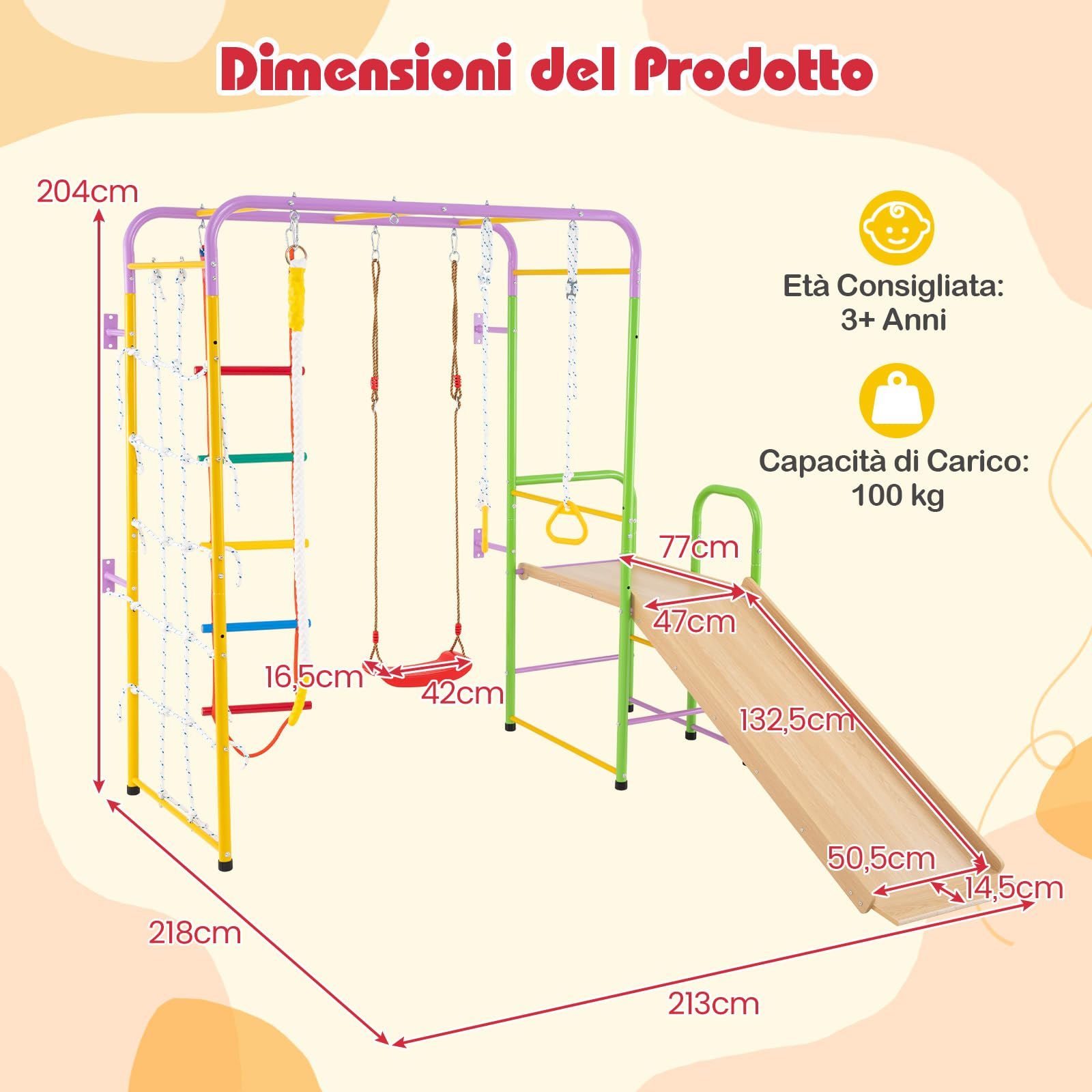 COSTWAY 8 in 1 Set da Arrampicata per Bambini, Set Giocattoli Scivolo con Barre Scala Corda Anelli Ginnici e Altalena, Parco Giochi per Bambini 3 Anni +, Carico 100 kg