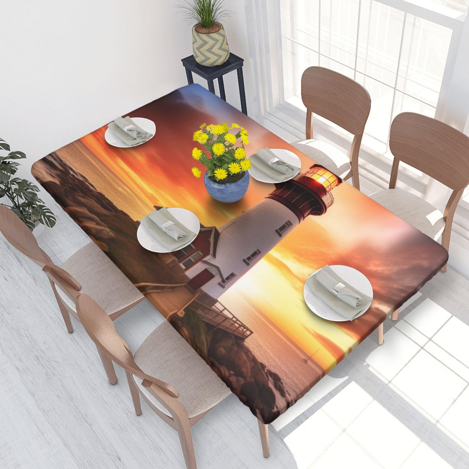 DCARSETCV Sunset Printed 4FT Waterproof Tablecloth with Elastic Edged Protect & Decor Your Table, Oil-proof Washable Table Cloth Cover for Dinner Picnic Party