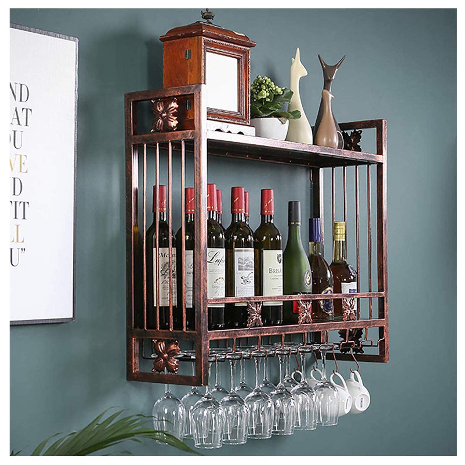Casier à vin mural avec support verre à pied et étagères flottantes métal