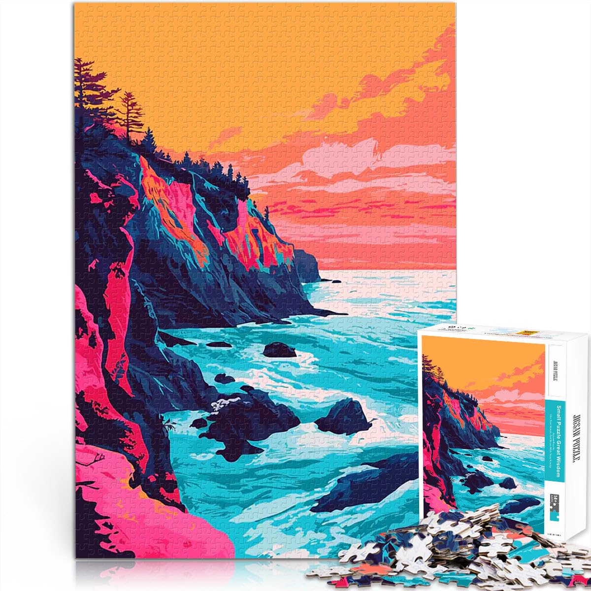 Jigsaw Puzzles for Adults 1000 Piece Retro Vibe Oregon Coast Illustration Familienaktivität Perfekte Dekoration52x38cm