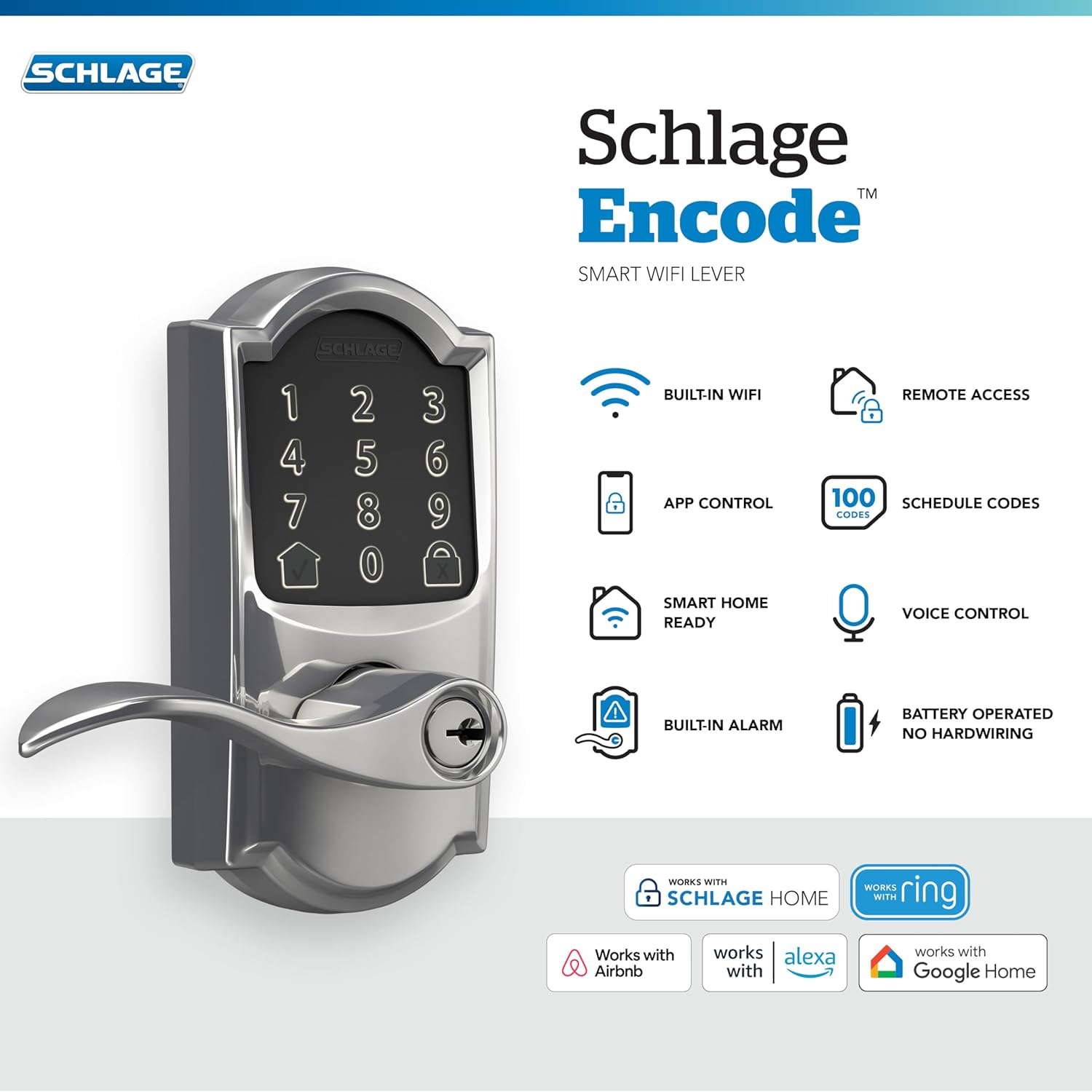 Schlage Encode Smart Wi-Fi Lock with Lever Handle, Touchscreen Keypad, Keyless Entry Door Lock, App Control, Alexa, Google Home and Airbnb Compatible, Bright Chrome, FE789WB CAM 625 Acc