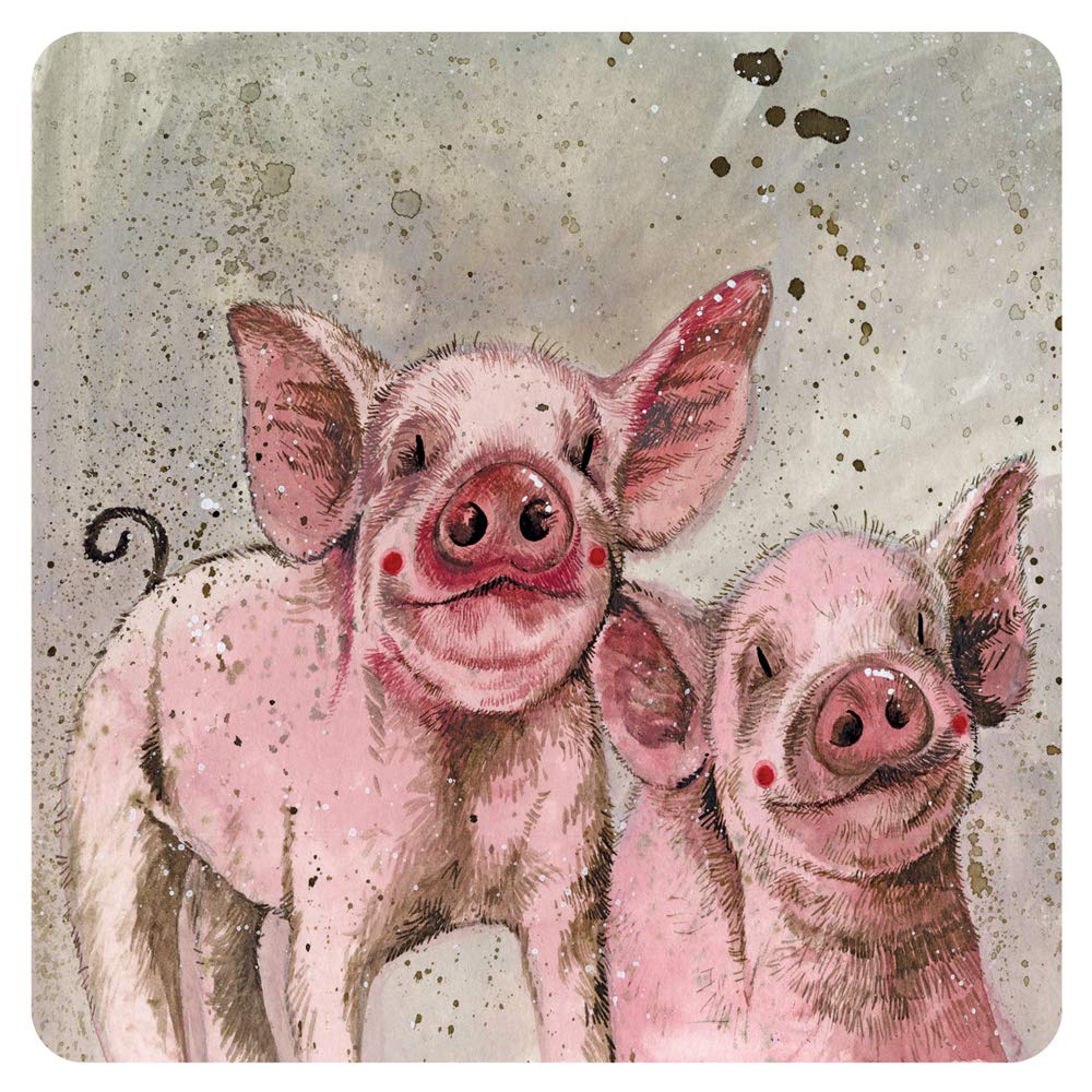 Alex Clark Pink Ie And Perky Pig Coaster (Single) - Pigs - Farm - Watercolour Design - Cork Back