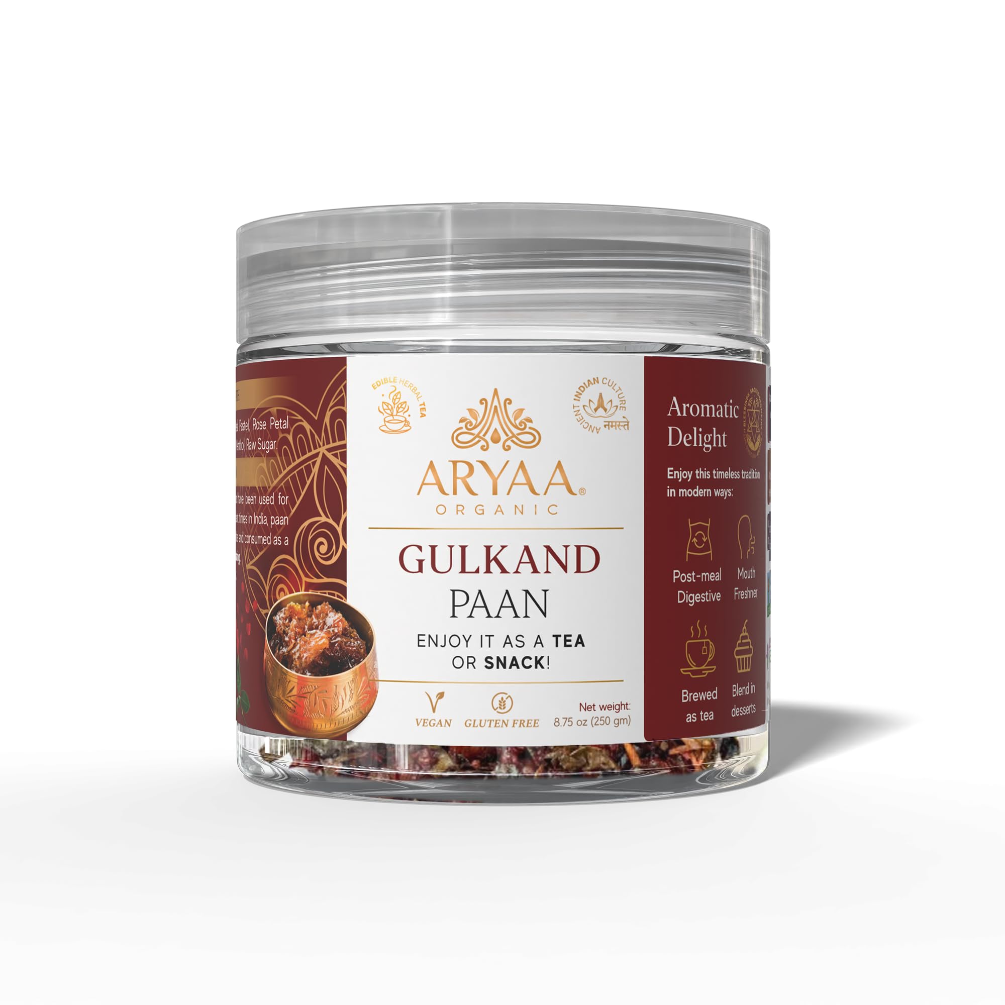 Aryaa Organic Gulkand Paan l 8.75oz (250g)| Herbal Tea & Digestive Snack | | Shredded l 100% Natural, Vegan, Gluten-Friendly | Sound-Infused, Non-GMO | Authentic Indian Delight | Perfect for Sipping or SnackingUSDA Organic
