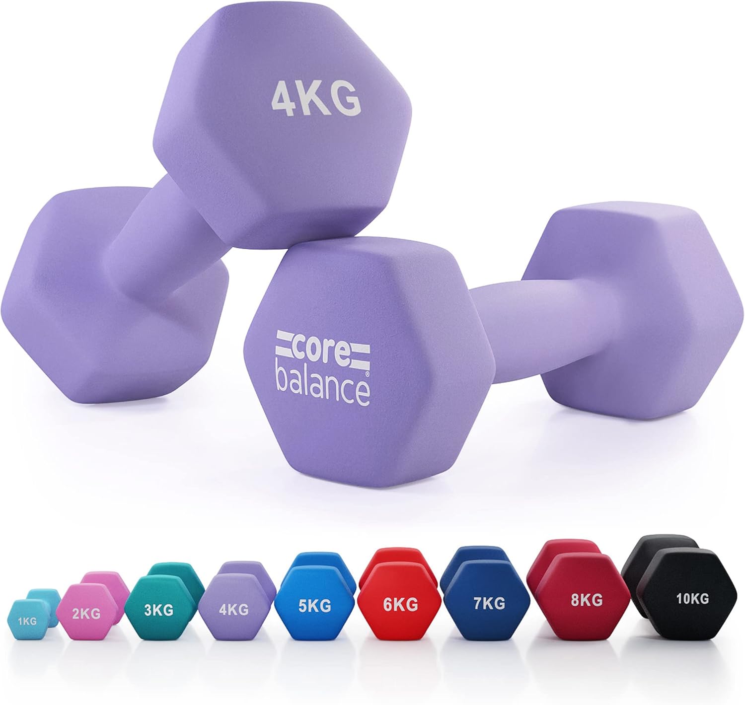 Core Balance Dumbbell Pair Hex Weight Neoprene Coated Cast Iron Strength Training (2 x 1kg, 2kg, 3kg, 4kg, 5kg, 6kg, 7kg, 8kg, or 10kg)