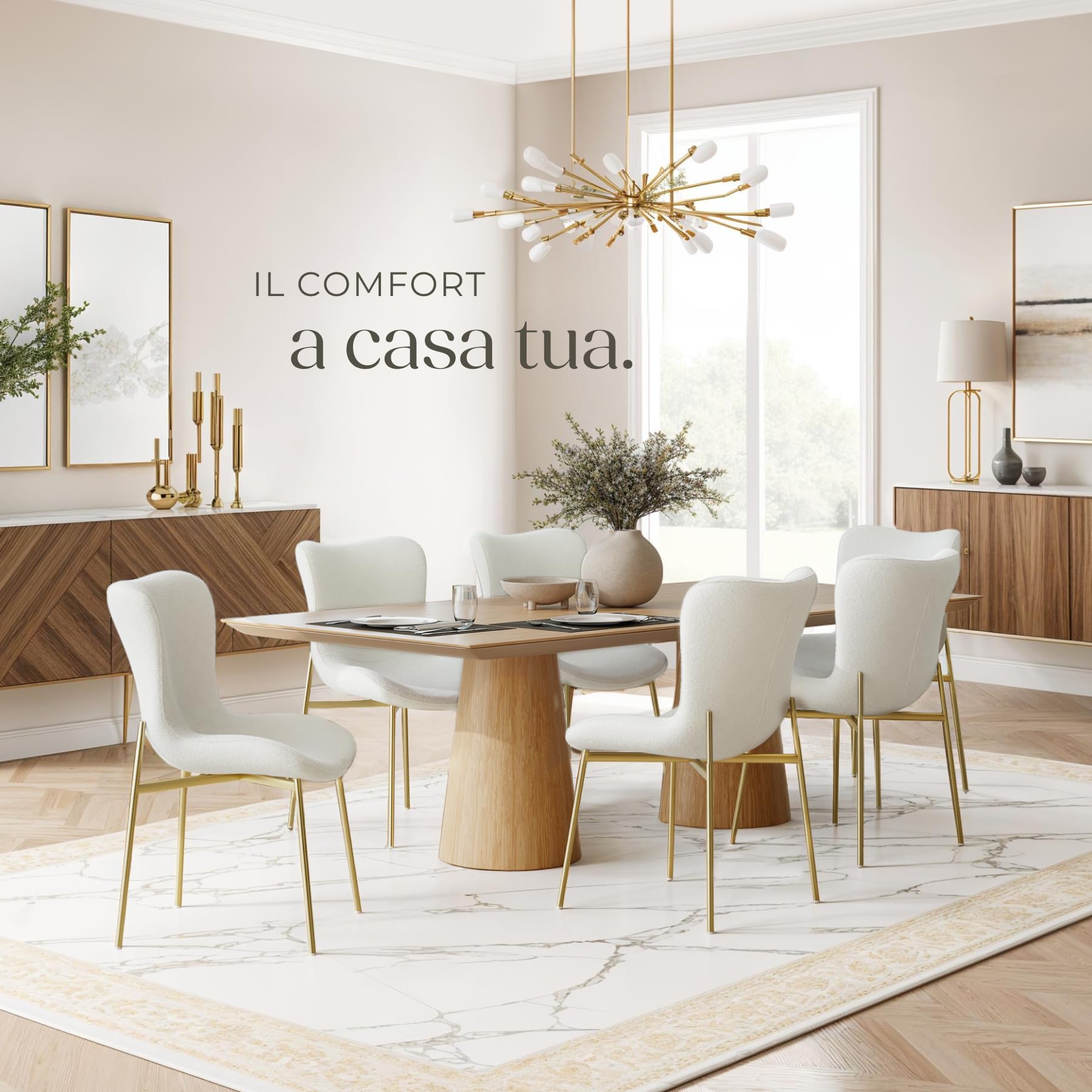 tectake® Poltrona in Stile Scandinavo, Seduta Ergonomica, Gambe in Acciaio, Cappucci Antiscivolo, Sedia Sala da Pranzo, Cucina, Sedia Soggiorno - Bouclé Bianco/Oro