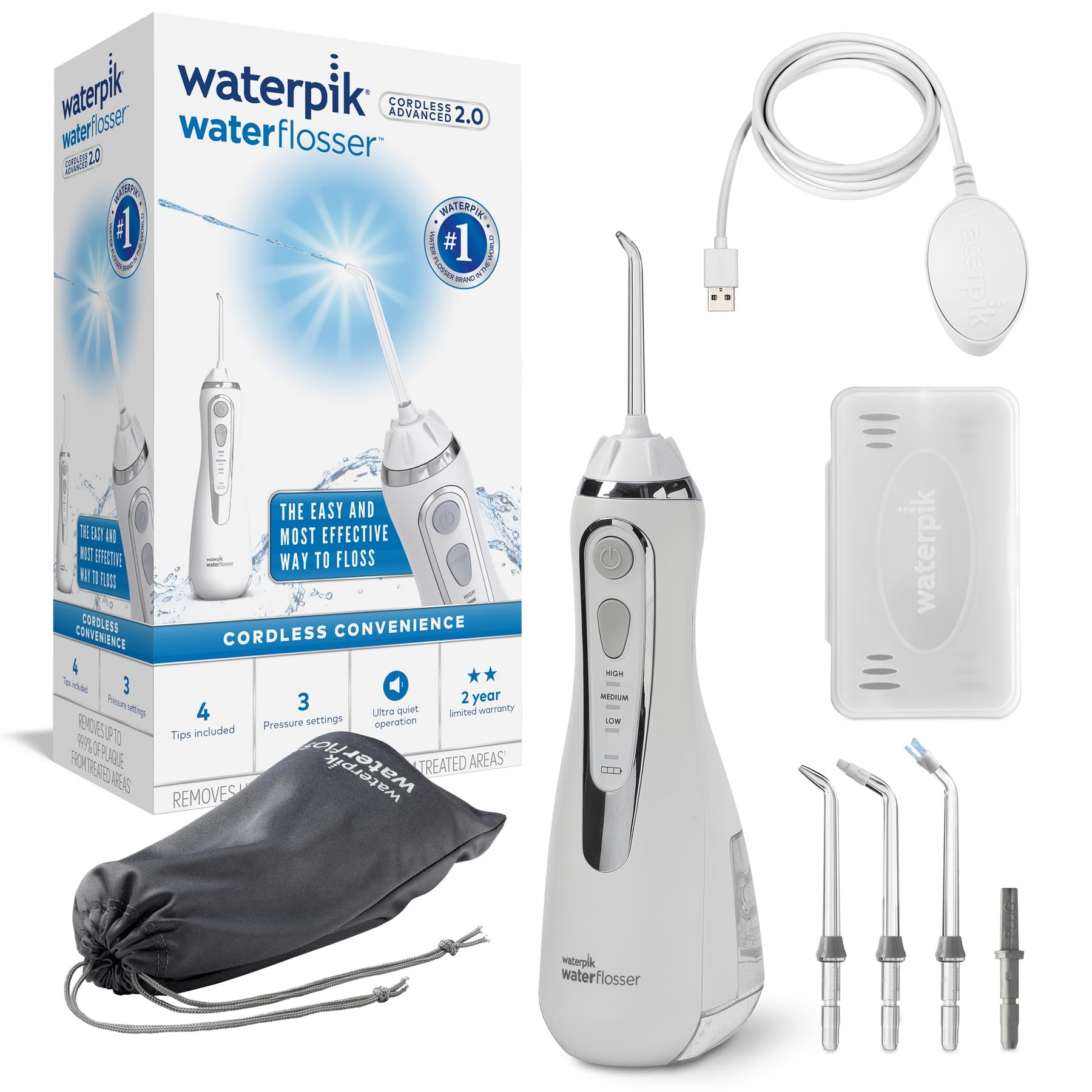 Waterpik Idropulsore Dentale Portatile, 3 Impostazioni di Pressione, Assicura la Rimozione Placca Dentale ed è Utilizzabile in Viaggio o in Bagni Piccoli, Batteria Ricaricabile, Bianco (WP-​580EU)