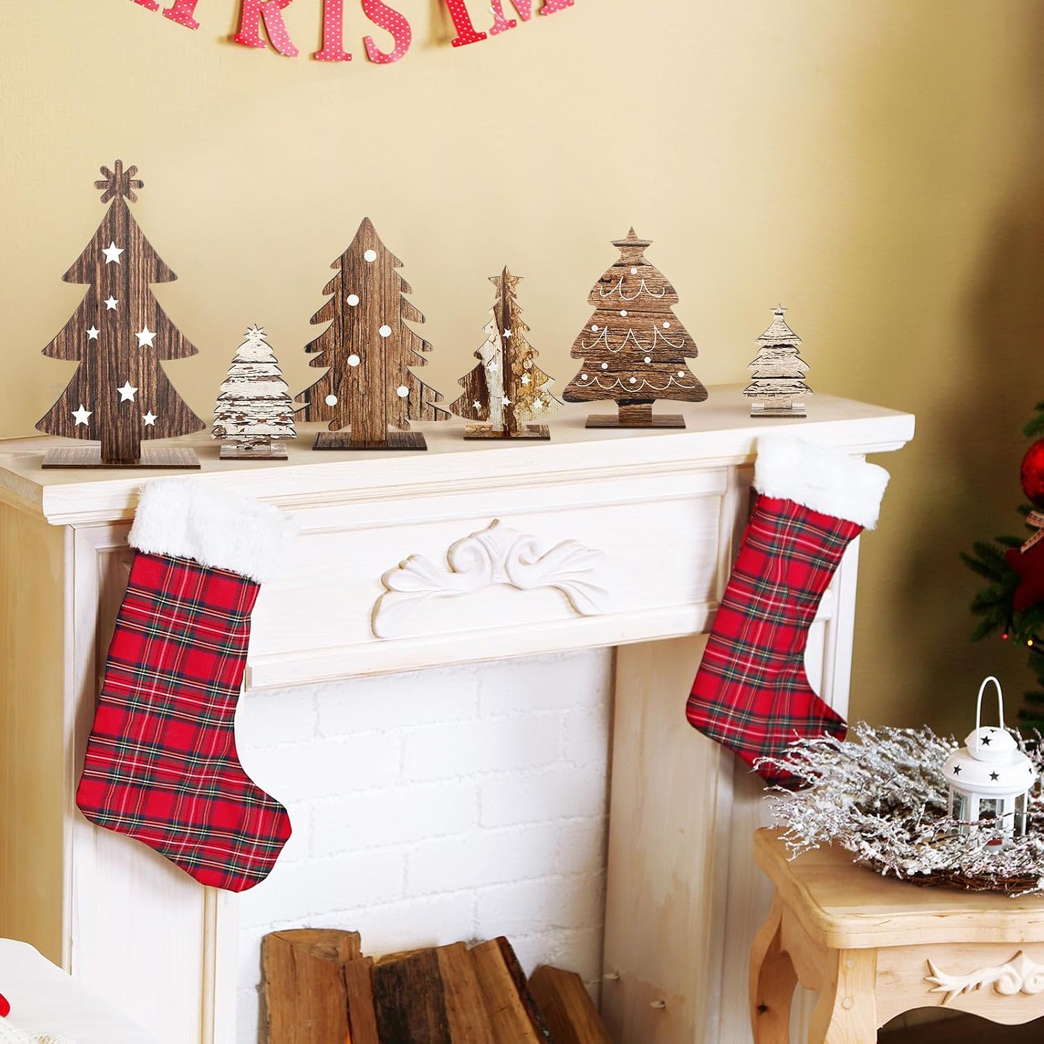 Cinnvoice 6 Pcs Wooden Christmas Trees Tabletop Decor Rustic Wood Christmas Trees Xmas Centerpieces Table Wooden Signs Farmhouse Table Home Decor for Home Office Farmhouse (Classic)
