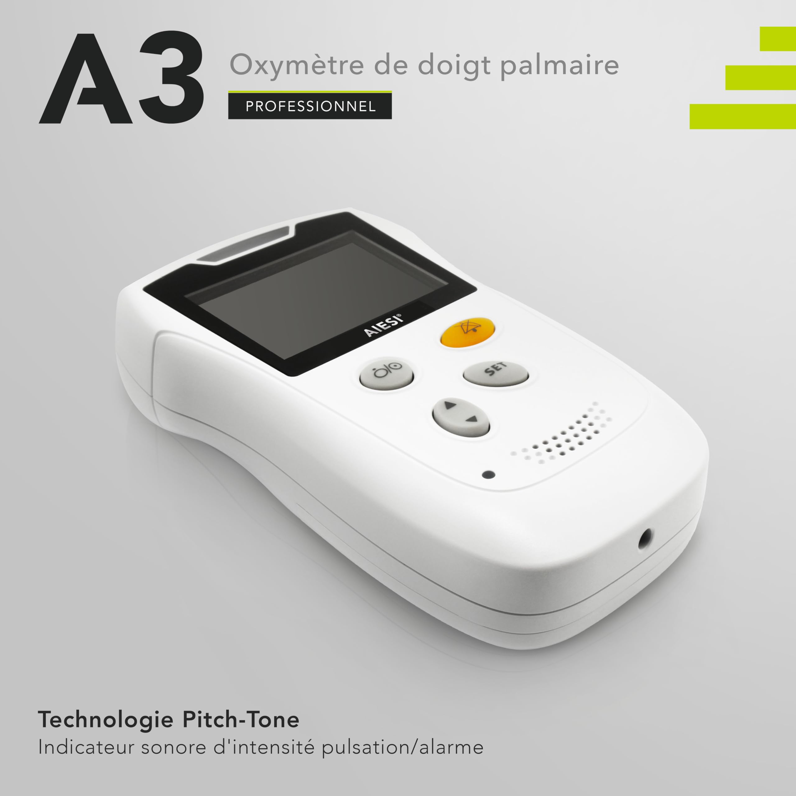 AIESI® Oxymètre de doigt Palmaire Professionnel Certifié avec écran couleur et sonde antimouvement pour adultes A3, Extrêmement précis, Coque de protection avec support, Piles, Garantie 24 mois