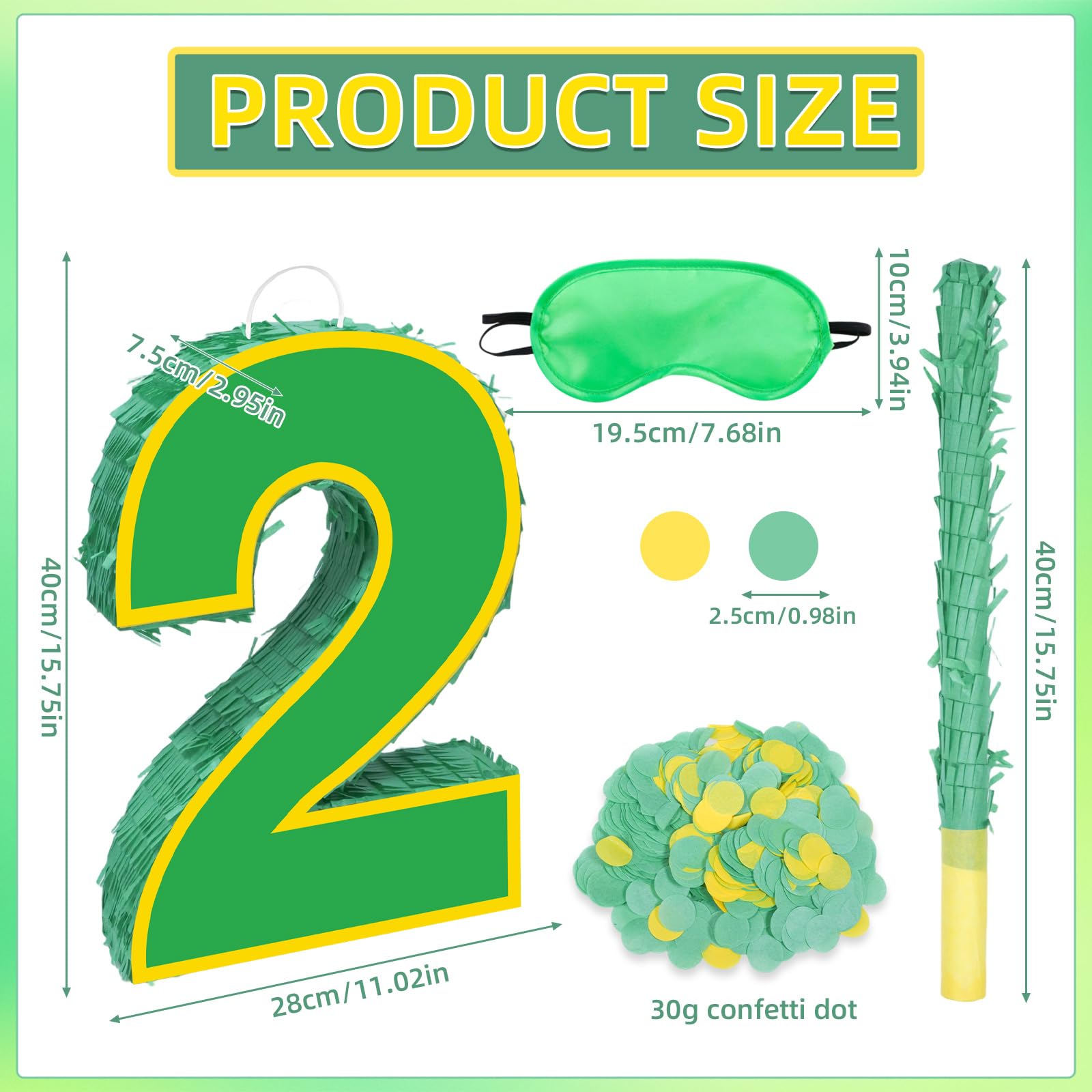 Decoraciones de fiesta de cumpleaños amarillo y verde, piñata número 2 amarillo y verde de 15.7 pulgadas con confeti para niñas y niños, decoraciones de fiesta de segundo cumpleaños