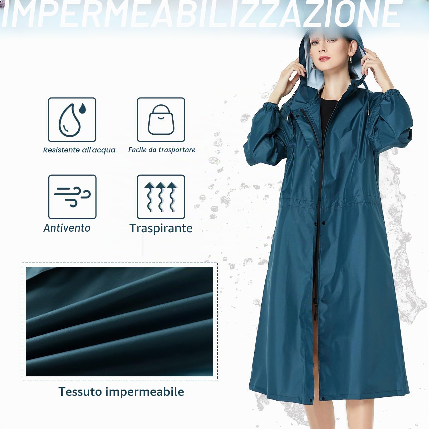 Donne Impermeabile Giacca da Pioggia Leggera Con Cappuccio Impermeabile Lungo All'aperto Riutilizzabile Asciugatura Rapida Abbigliamento da Pioggia