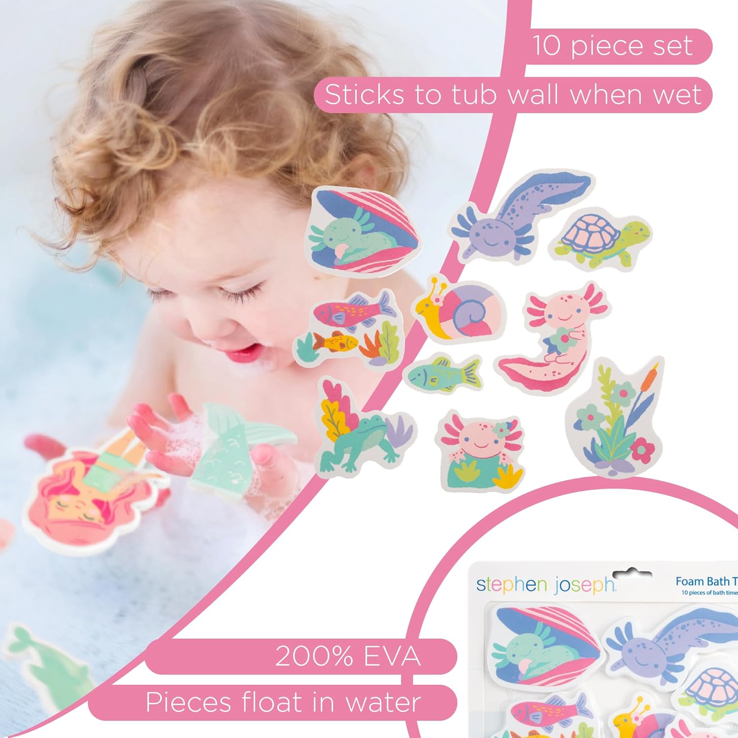 Stephen Joseph, Floating Foam Bath Character 10-Piece Toy Set, Axolotl