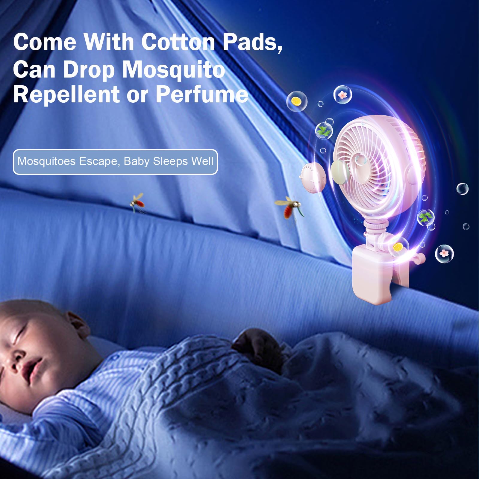 Ventilateur de poussette à clipser pour bébé rechargeable – Ventilateur portable à piles USB pour poussette, berceau, vélo, plage, voyage, camping, rotation à 360°, 4 vitesses du vent, rose