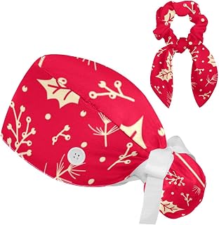 FVQL 2 Pieces Surgical Cap for Long Hair Scrub Cap with Hairband Nurse Cap, Christmas Pattern Seamless Leaf Pattern