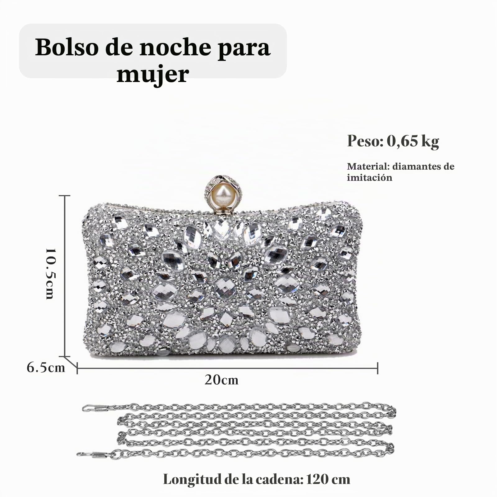Bolsa de Noche para Mujer Diamantes de Imitación Clutch Bolsa de Noche Pequeña Elegante Bolso de Hombro Bolso de Boda Lujoso Fiesta de Graduación Banquete Bolsos Bandolera Plata