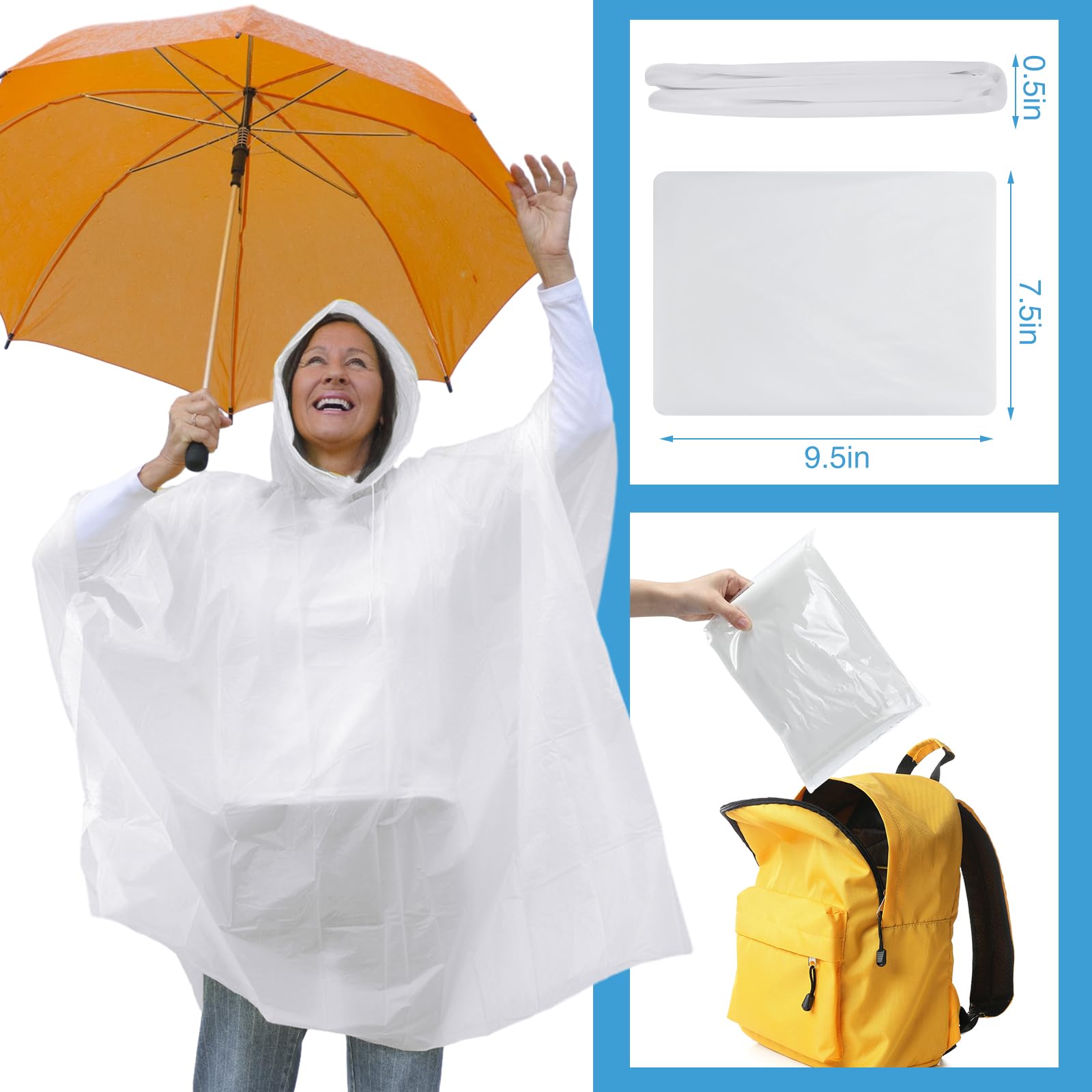 Zhehao 20 ponchos de lluvia para adultos con capucha con cordón reutilizable, impermeable, poncho de plástico EVA grueso para mujeres y hombres, camping (blanco)