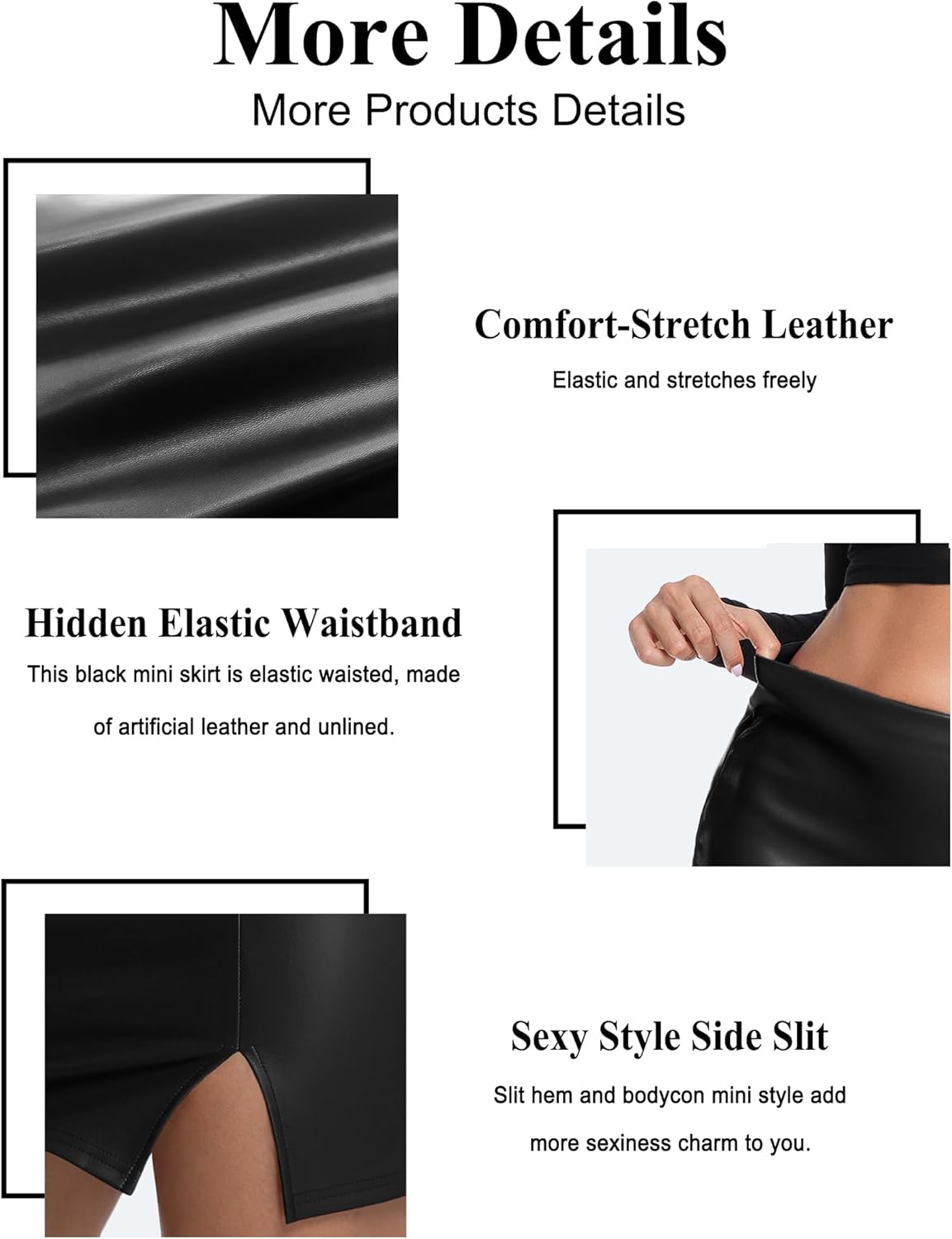 Women's Black Leather Skirts High Waisted High Side Slit Bodycon Mini Skirts - Image 5
