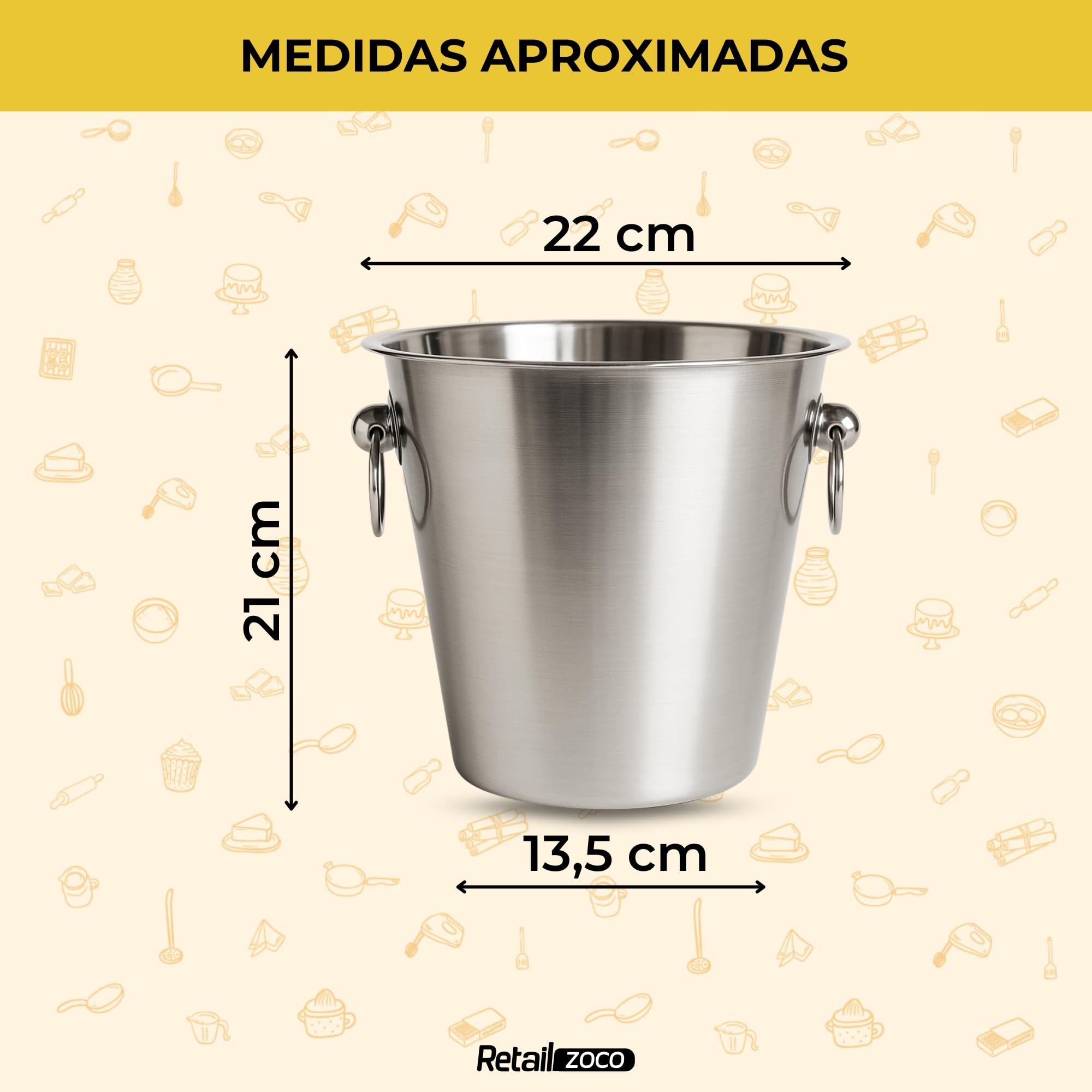 CHEFZOCO Champanera con asass, Cubitera Acero Inoxidable, Cubo de Champán, Enfriador de Botellas, Diámetro 22 cm, Altura 21 cm, Acero Inoxidable, Apto para Enfriar refrescos, champán, Vino, Cerveza