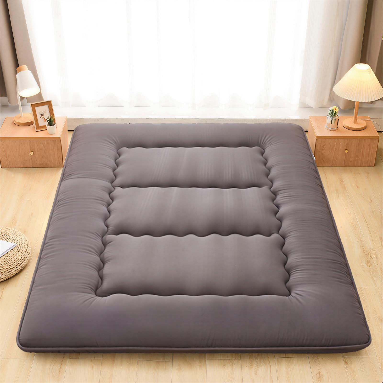 HIKKY Japanese Floor Mattress,Roll Up Quilted Bed Futon Mattress,Thick foldable Floor bed Sleeping Pad,Portable Comfortable Lounger for Camping(Grey-150x200cm)