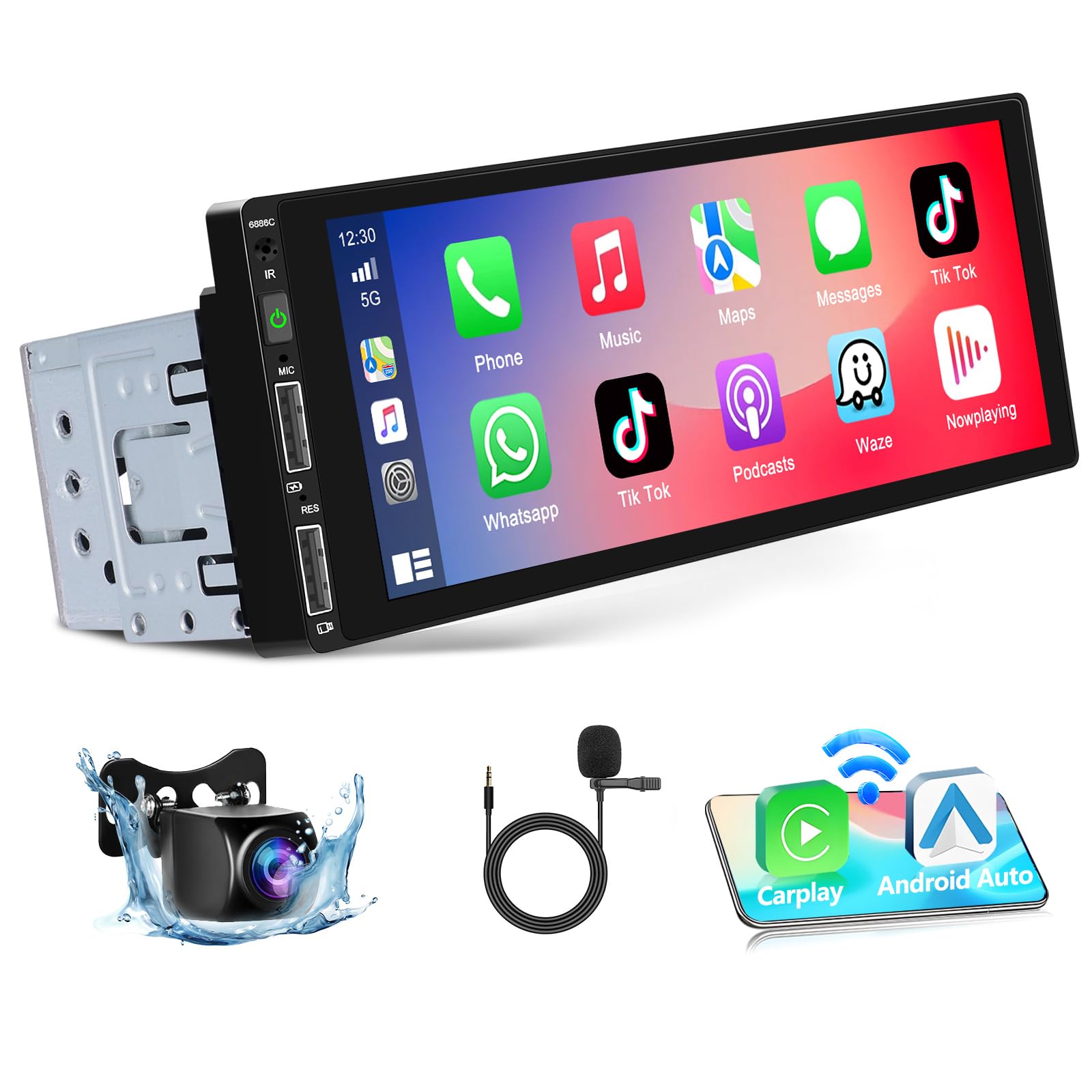 Podofo Autoradio 1 Din avec CarPlay Android Auto, Écran Tactile de 6.86 Pouces Bluetooth Radio avec FM Lien Miroir + AHD Caméra de Recul&Mic