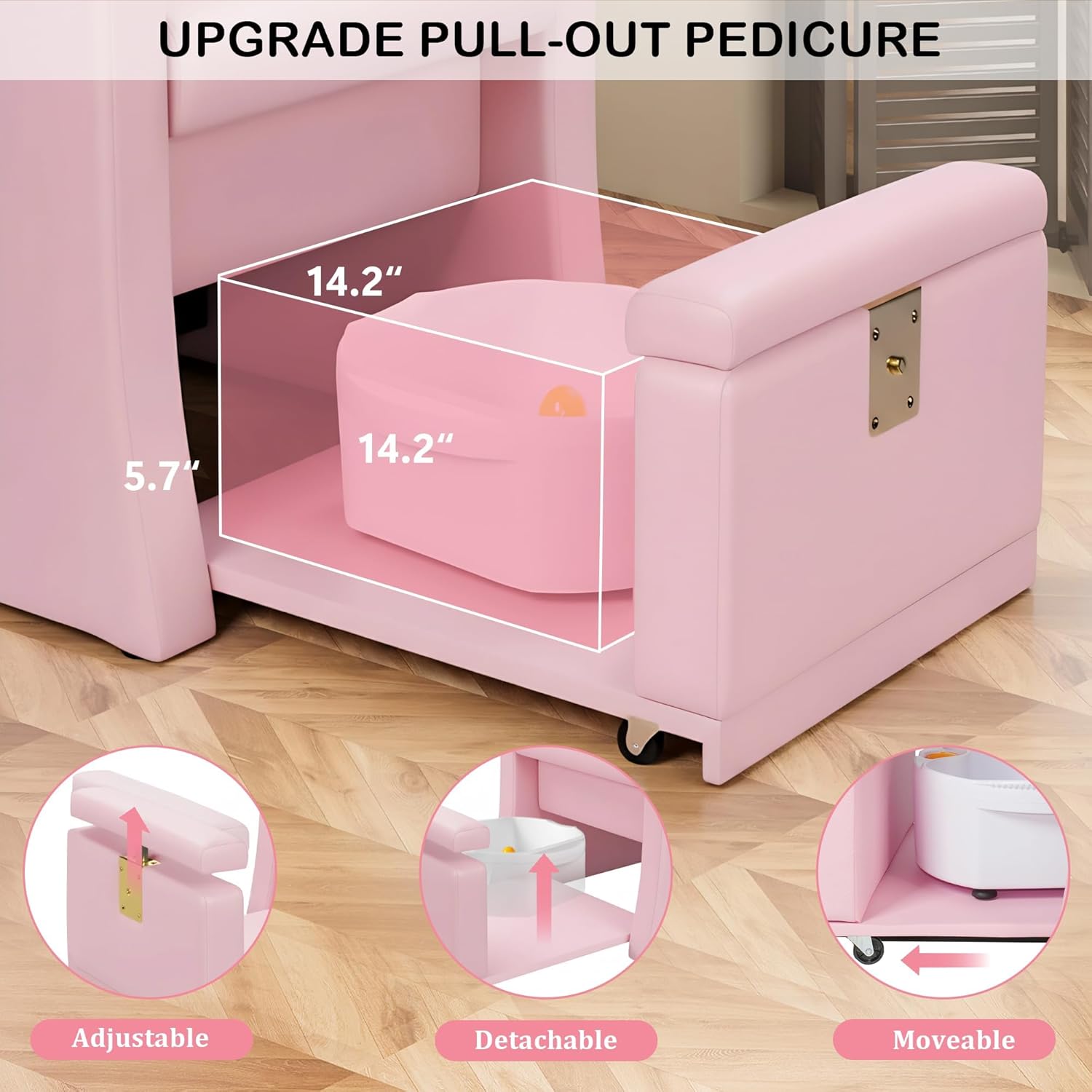 Ergonomic Pedicure Chair with Rolling Stool for Nail Tech,No Plumbing,Reclining,Hydraulic Adjustable,Lift Foot Spa Chair,with Massage Bath Bowl,Portable Pedicure Station