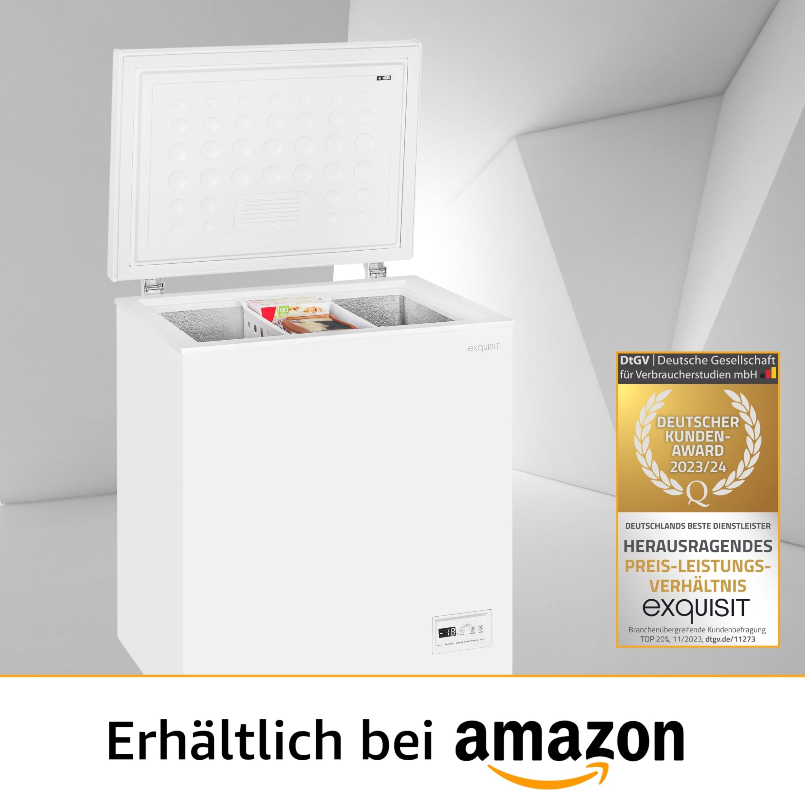 Exquisit Gefriertruhe GT150-E-040E Weiß - 142 L Tiefkühltruhe - 55 cm | Freistehender Gefrierschrank mit 4 Sterne Gefrierleistung, Schnellgefrierfunktion, Einhängekorb und Rollen, Klasse E