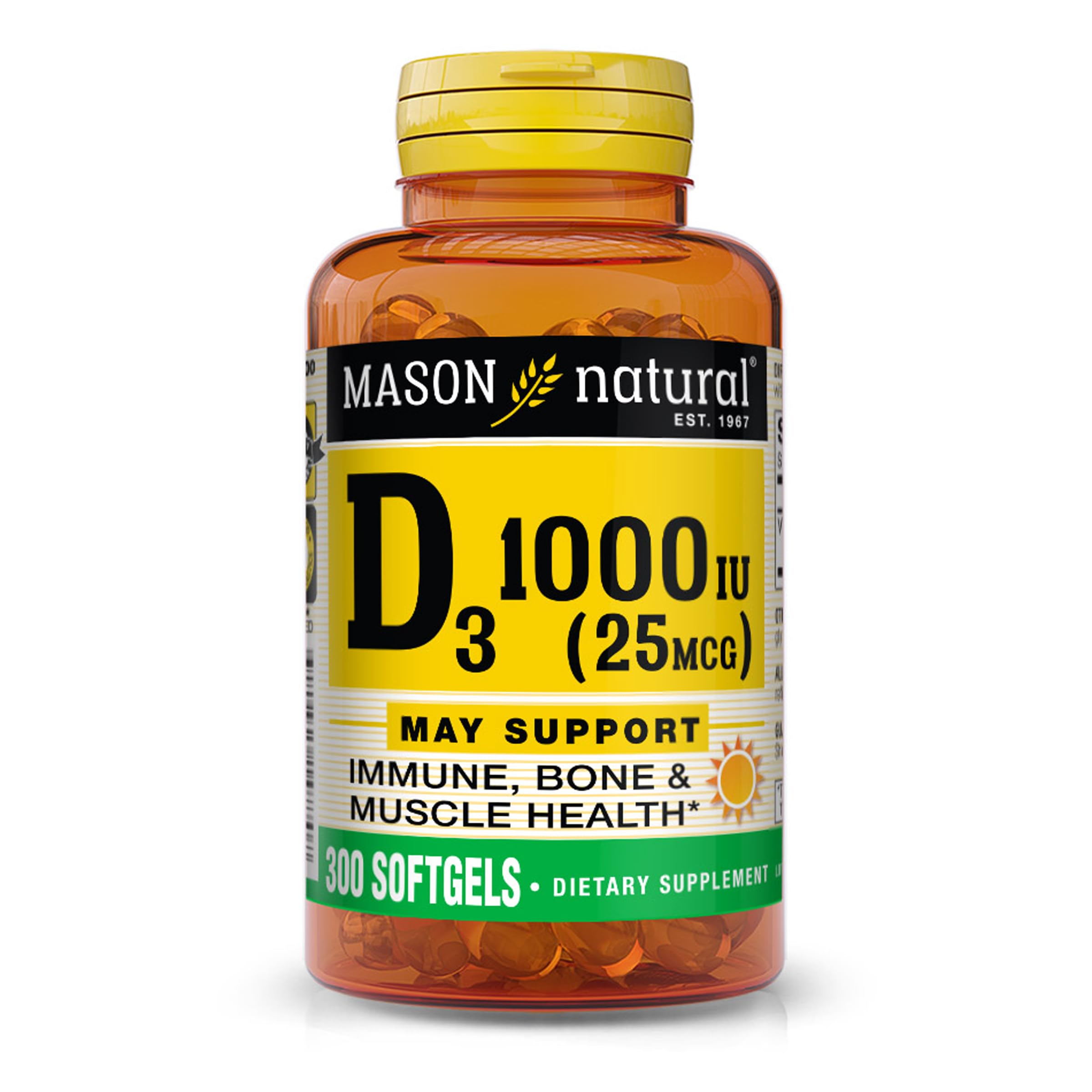 MASON NATURAL Vitamin D3 1000 IU (25 mcg) from Fish Liver Oil to Support Normal Bone & Muscle Function, 300-Day Supply, 300 Softgels (Pack of 1)