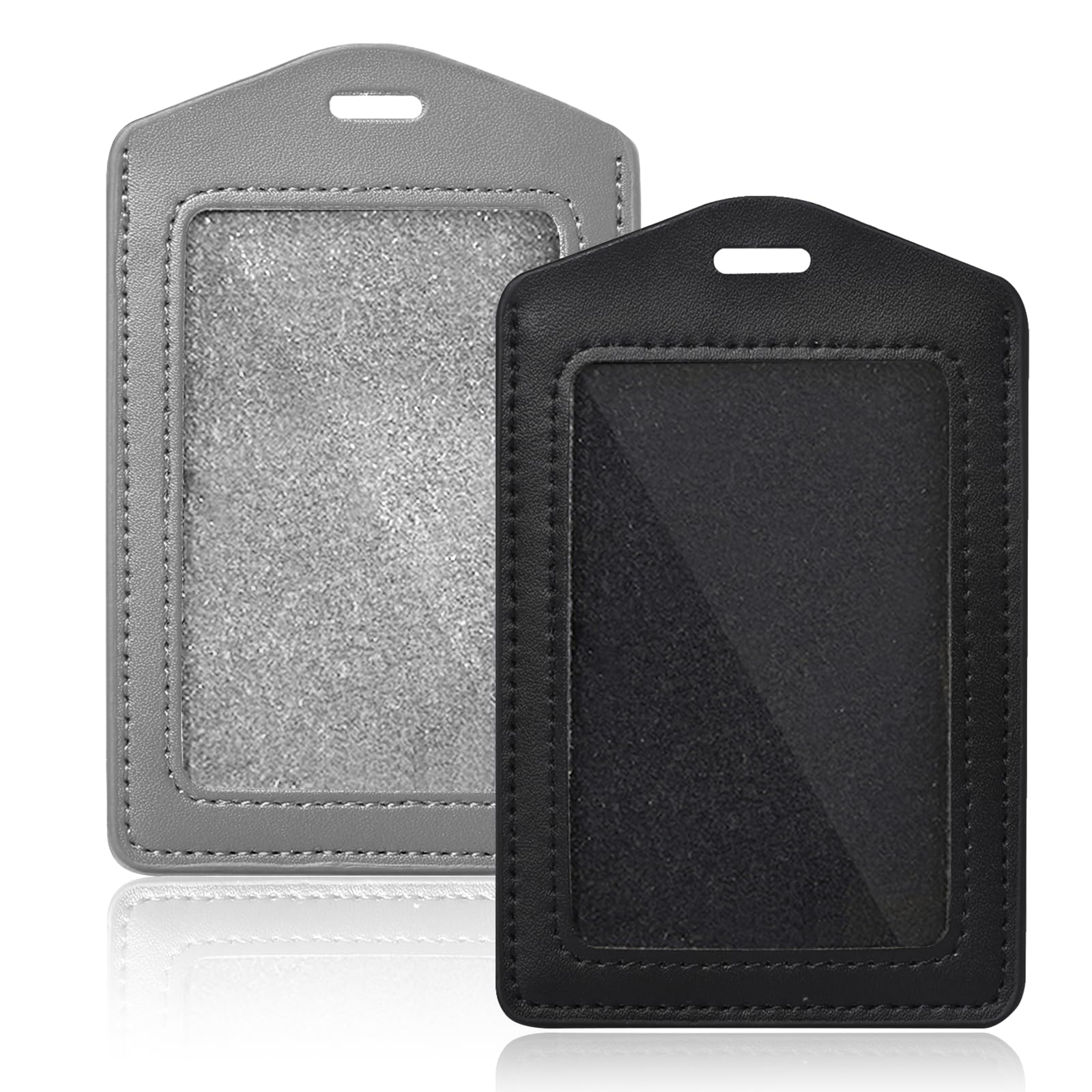 2 Pcs Genuine Leather ID Badge Holder Vertical Single-Side Clear Card Holder Waterproof Name Badge Holder for Office, Staff, Students, Employees (Black&Grey)