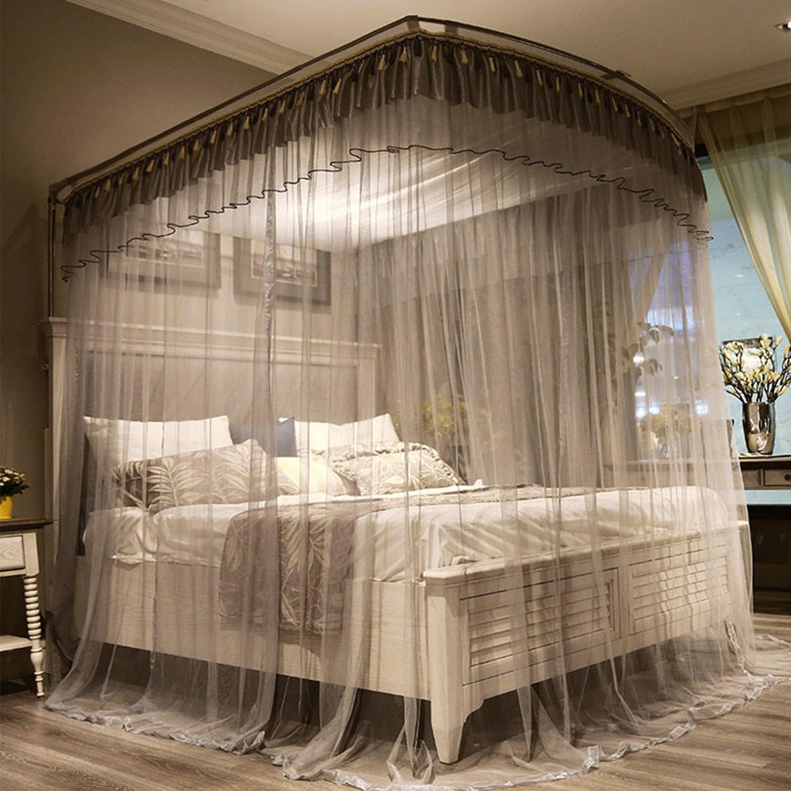 SARKEY U-Shaped Rail Bed Canopy Curtain,for Girls Women Adults Bedroom Decoration(GR,200x220x210cm(79"x87"x83"))