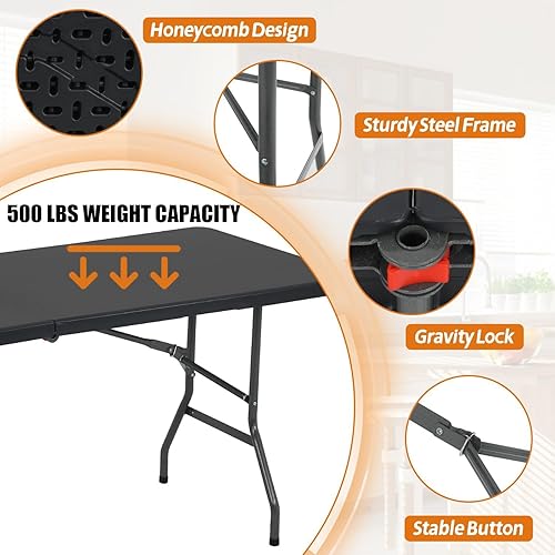 Miniatura 7 de GINMAON Mesa plegable de 6 pies, mesas de fiesta portátiles para exterioresinteriores, mesa plegable resistente de 6 pies de largo, no necesita