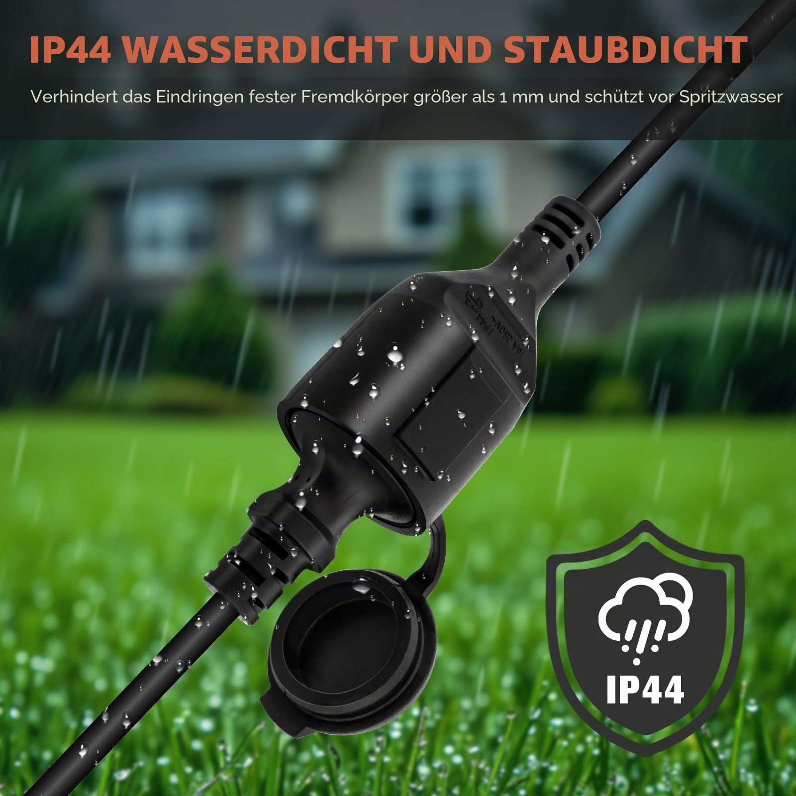 Außen-Stromverlängerung 40m, Verlängerungskabel 40m mit Schutzkappe - IP44 außen, Querschnitt 3G1,5 mm², Belastungsgrenze 16A/250V, Schutzkontakt für innen & außen