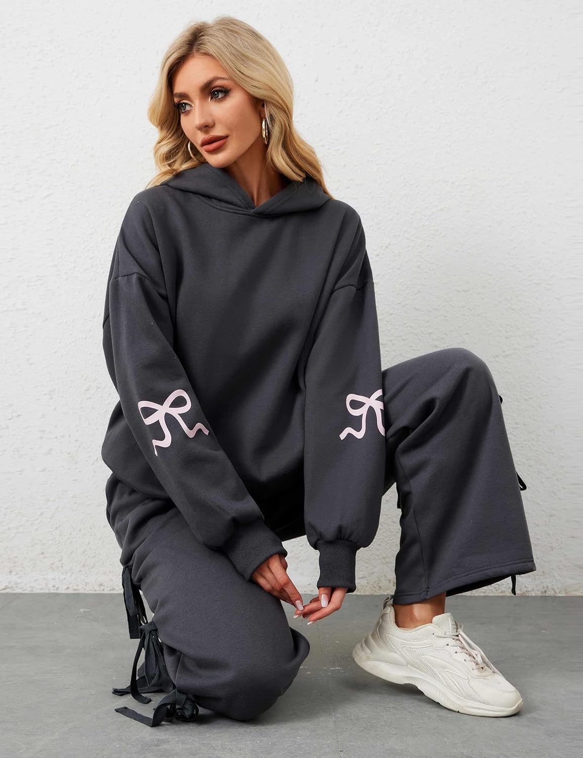 Womens Bow Graphic Hoodie Cute Bow Sweater Oversized Long Sleeve Fleece Sweatshirt Drop Shoulder Pullover Tops - Image 3