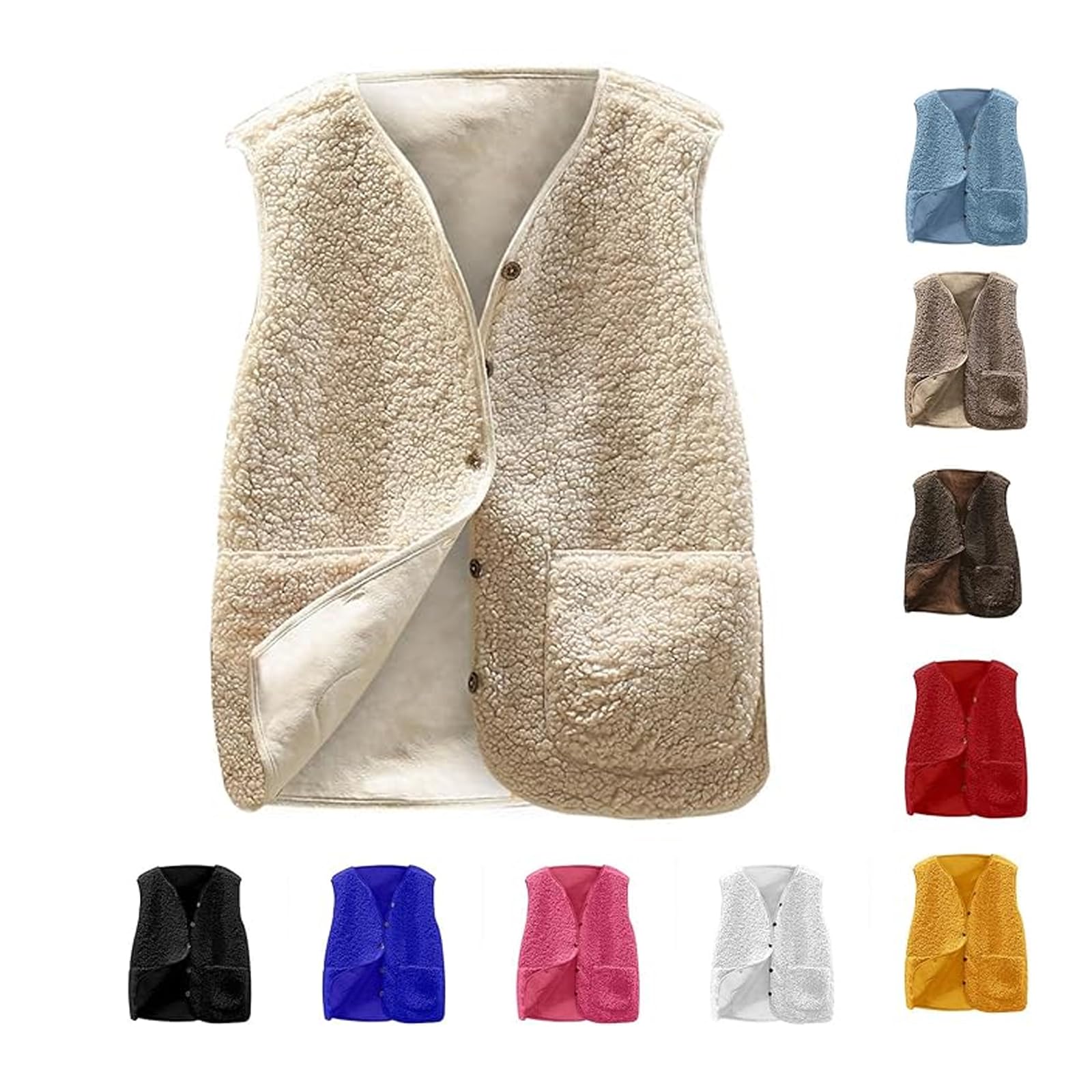Teddy Fleece Weste Damen – ärmellos, V-Ausschnitt, Mit Knöpfen, Weiche Plüschweste Für Herbst & Winter, Mit Taschen