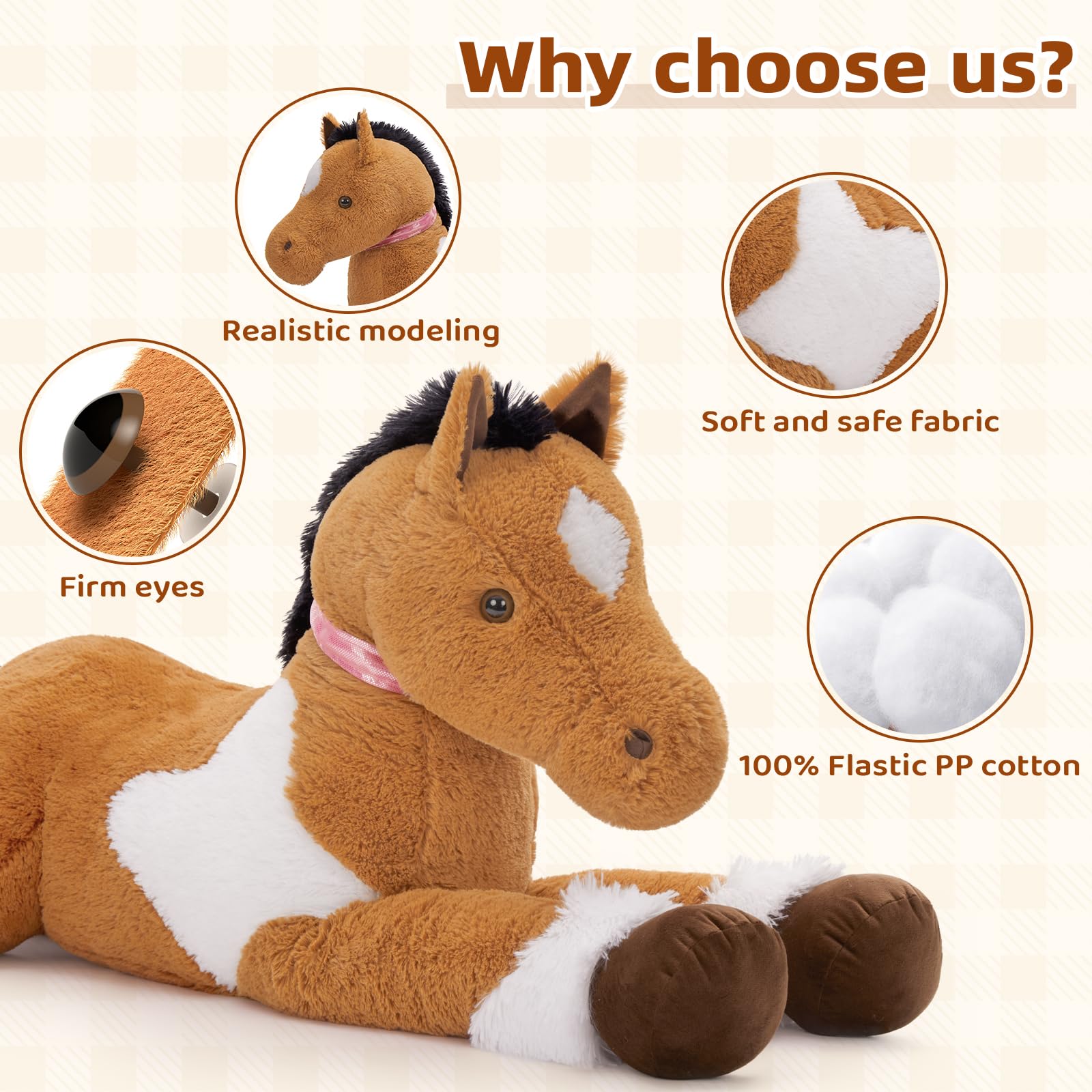 KERTA 47inches Giant Realistic Horse Stuffed Animals, 4ft Soft Horse Plush Hugging Pillow, Large Stuffed Pony Plush Toys Birthday Gift for Boys Girls 7
