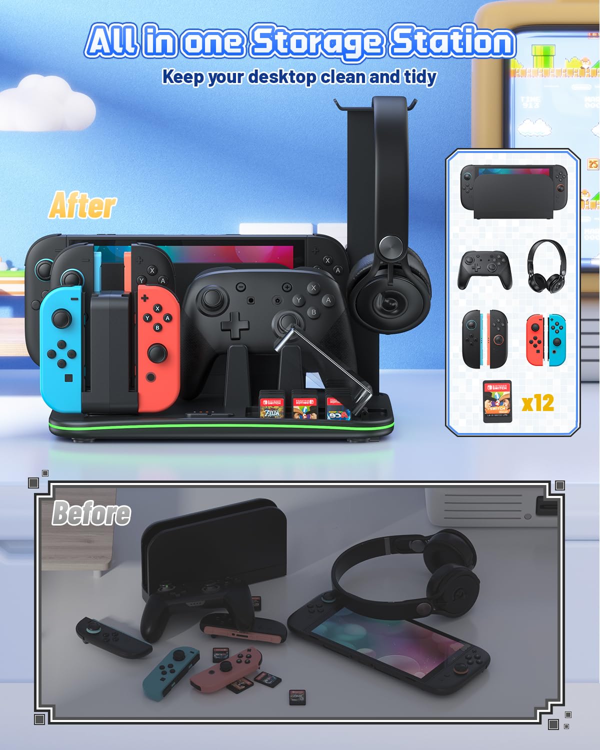 [Compatible Switch 2/1] FASTSNAIL Manette Chargeur pour Nintendo Switch 2/1/OLED pour Joycon, Support Switch 2 avec 9 Modes RVB, Ventilateur, 12 emplacements pour Cartes de Jeu, Support pour Casque