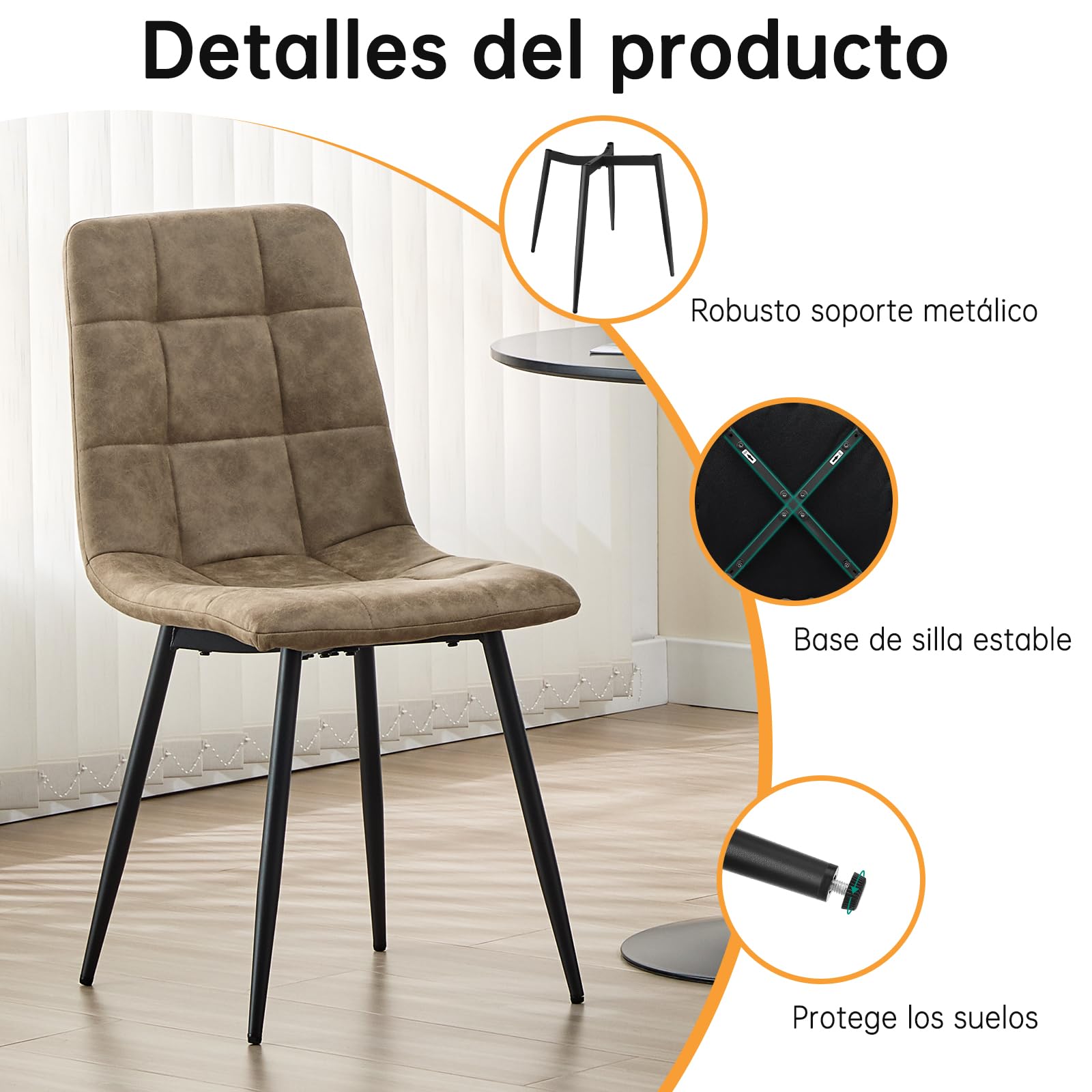 Pack De 4 Sillas De Comedor,Tejido Técnico Sillas Cocina,con Base MetáLica Silla Acolchada,Sillas Salon,Adecuado para Comedores, Salones, Cocinas, Dormitorios,Marrón Amarillento