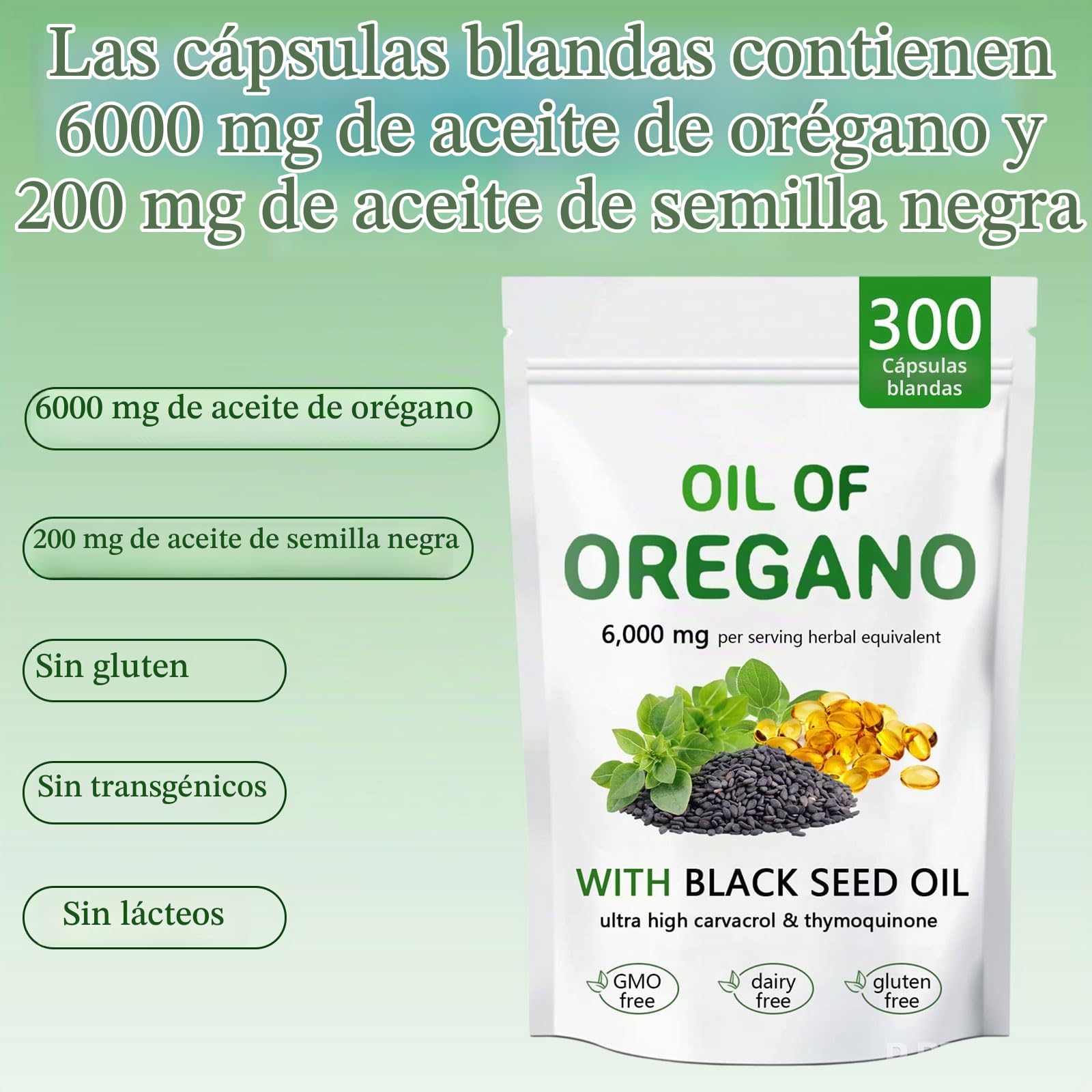 Aceite de orégano Resilia con aceite de semilla negra, cápsulas de orégano orgánico 2 en 1 para el apoyo inmunitario y el bienestar general, sin OMG ni gluten, 300 cápsulas blandas