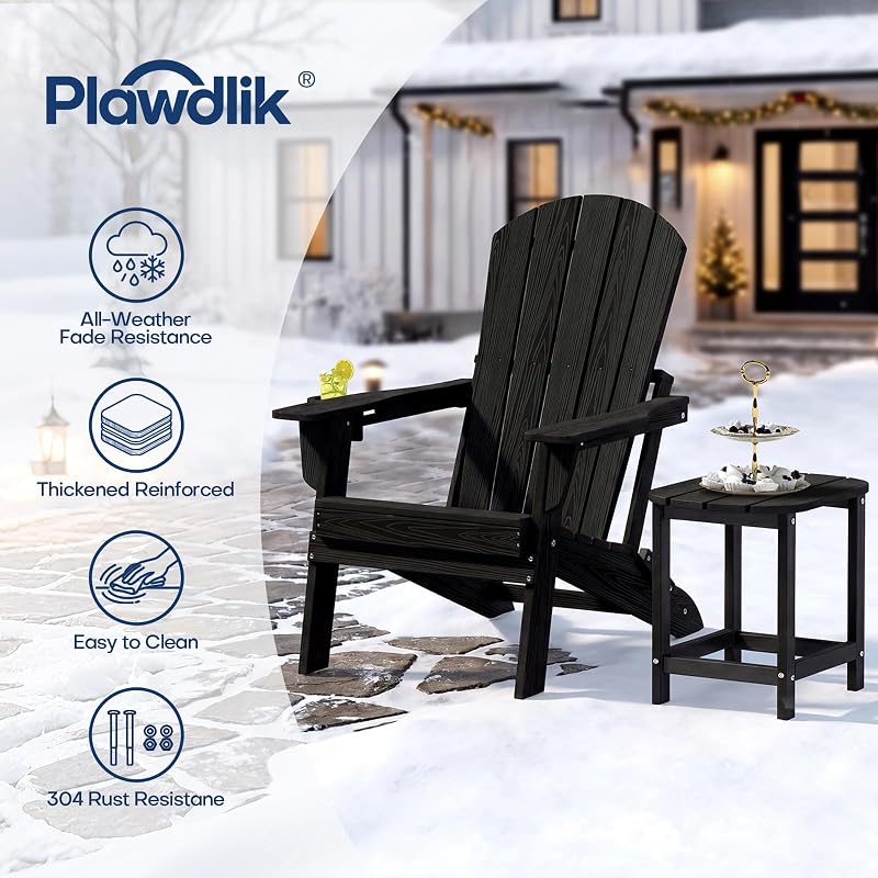 Plawdlik Folding Adirondack Chair Set of 4, Cup Holder，Wooden Textured ，Heavy All-Weather HDPE Comfortable Set Poolside Backyard Lawn Black image 5