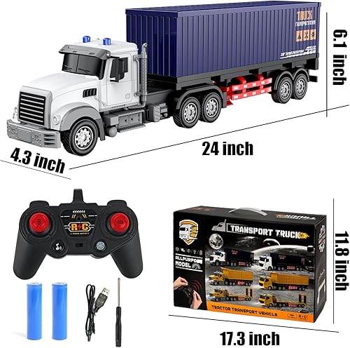 Miniatura 4 de Semirremolque de control remoto con remolque, de 24 pulgadas, camión de juguete para niños, contenedor 124 con luces LED y música, gran regalo para
