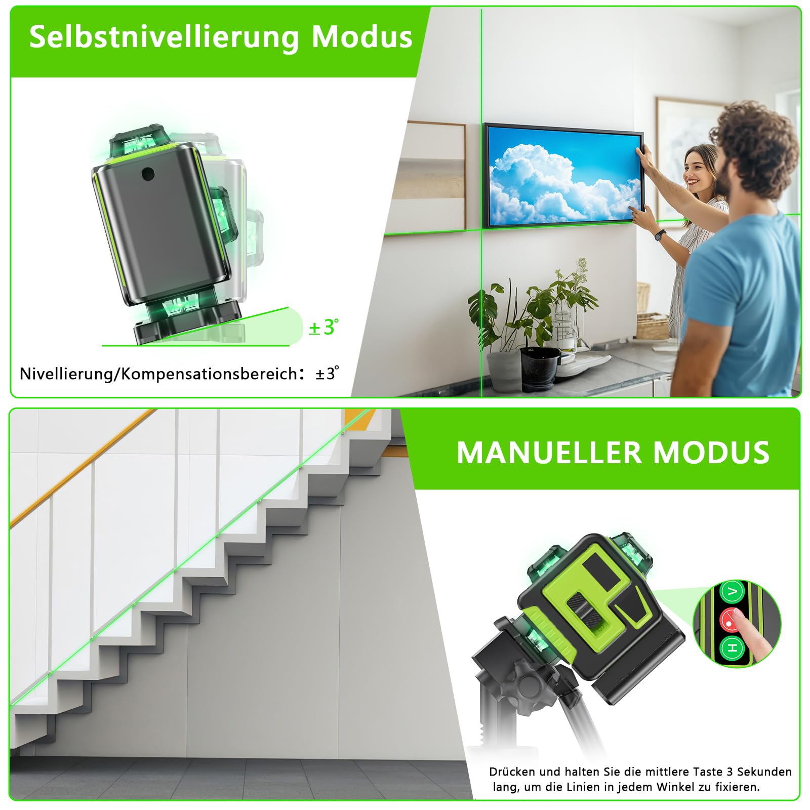 Kreuzlinienlaser Grün 16 Linien Nivellierlaser, 4 x 360 ° Laser Wasserwaage, Linienlaser Kreuzlaser Selbstnivellierend für Innenbereich Baustelle, 2 x Batterie Vermessungskabine (mit Stativ)