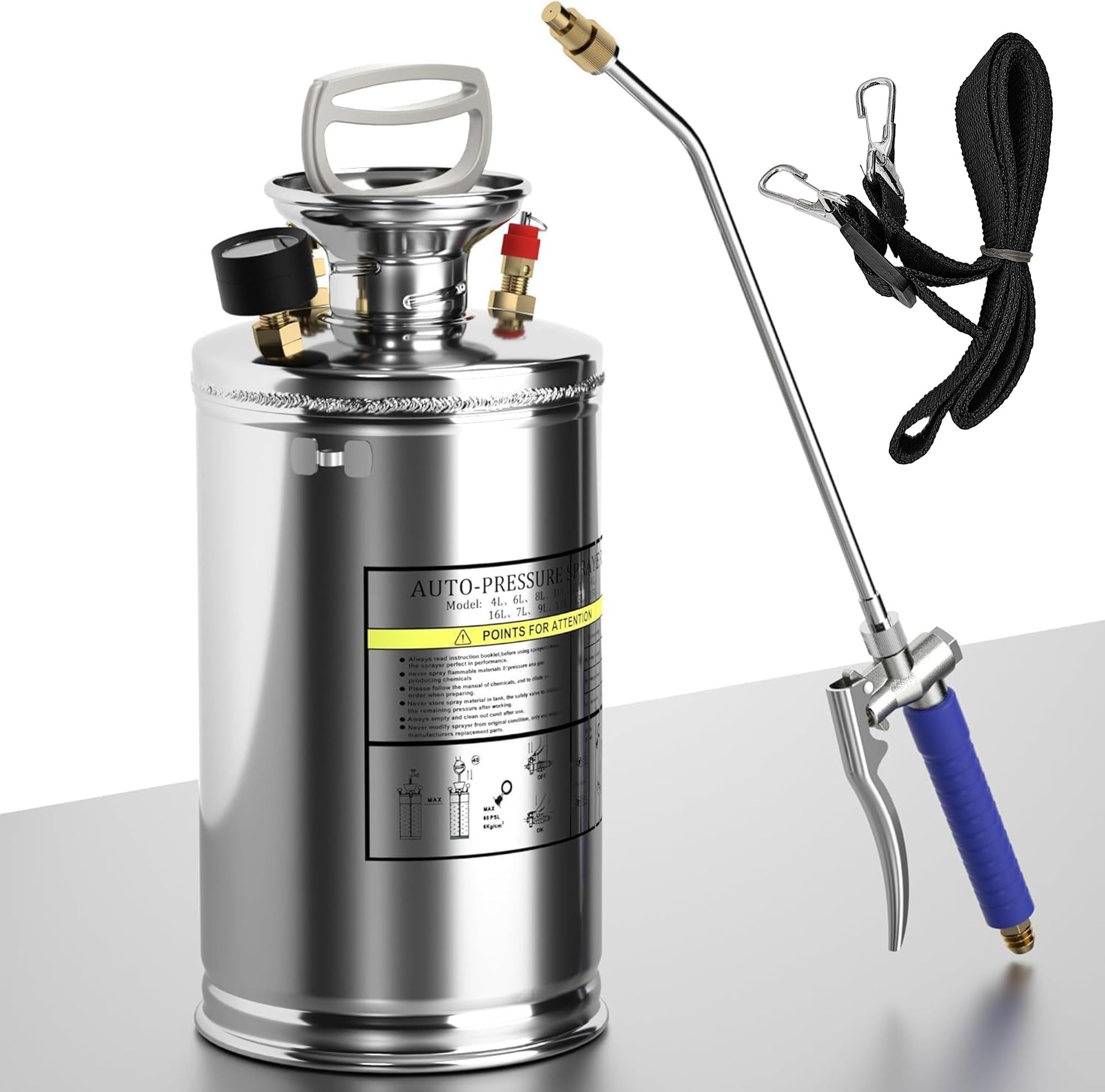1 Gallon Garden Sprayer, 304 Stainless Steel Chemical Sprayer, Hand Pump Sprayer, with Pressure Gauge, Adjustable Nozzle, 13" Sprayer Wand, 3.3ft Hose & Safety Valve