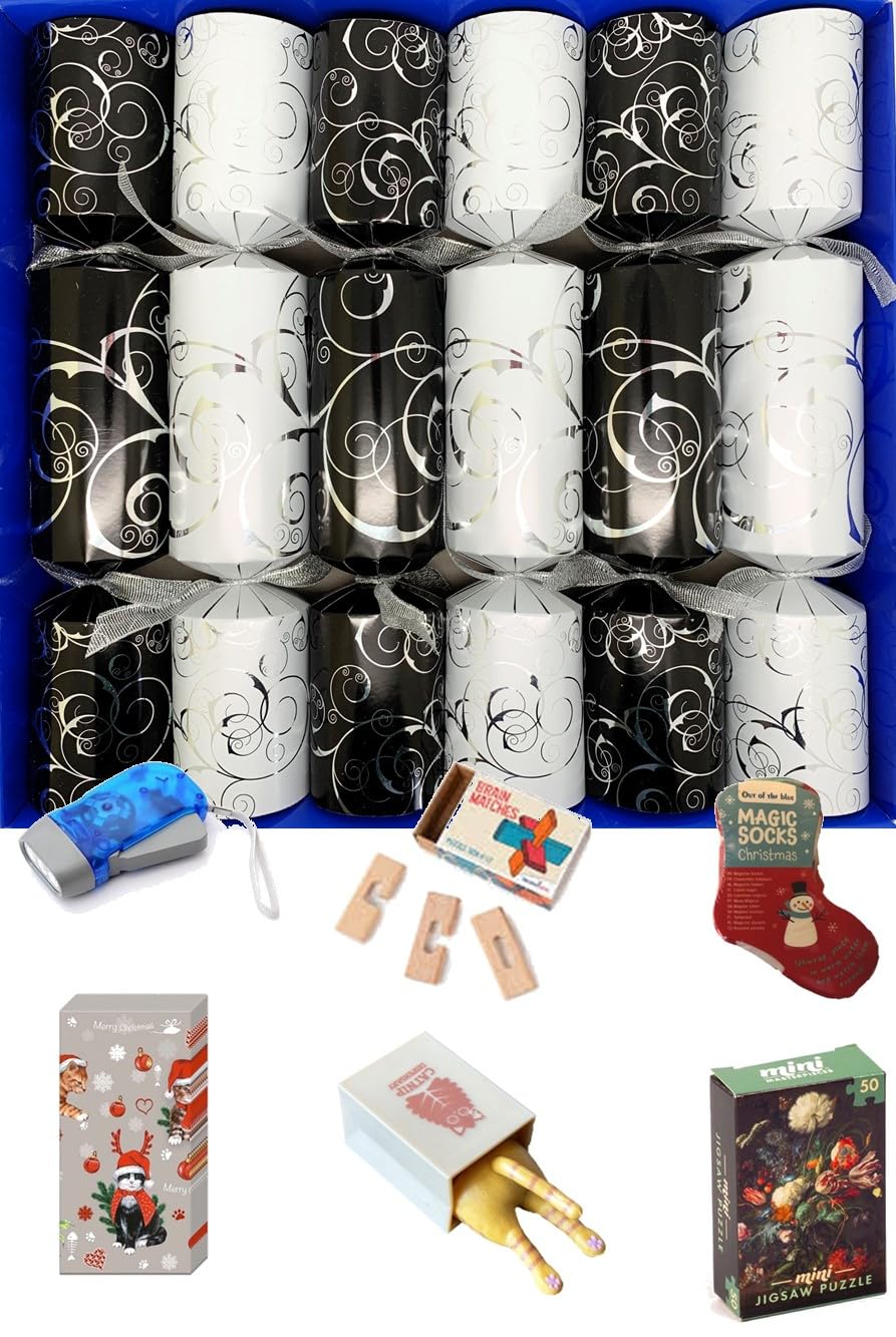 Crackers Ltd Set of 6 Family Christmas Crackers - Black/White/Silver Swirl Design