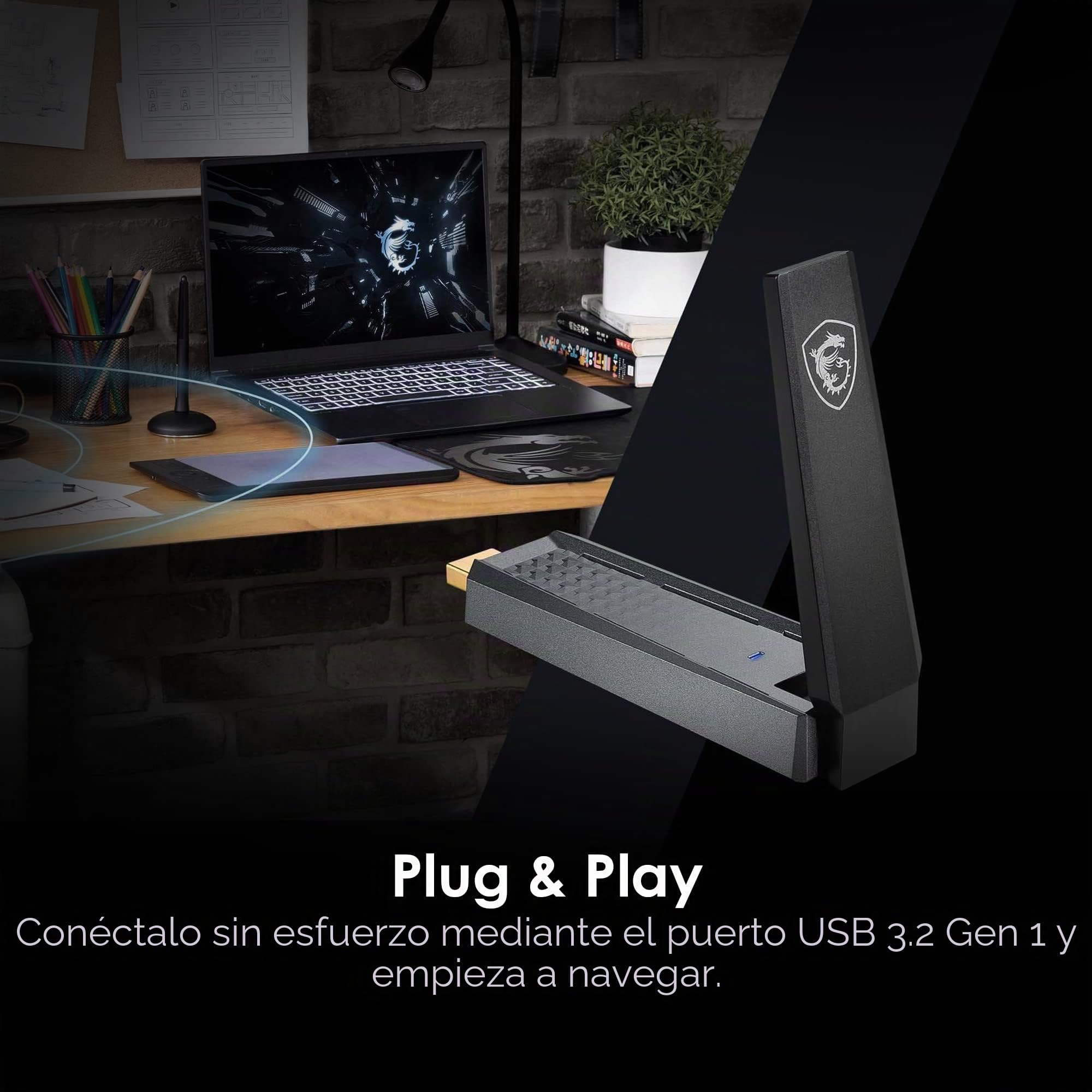 MSI AX1800 Adaptador USB WiFi, WiFi 6, MU-MIMO, 802.11ax Gigabit de Doble Banda inalámbrico, Plug and Play, Adaptador USB de Alta Velocidad de Largo Alcance para Juegos