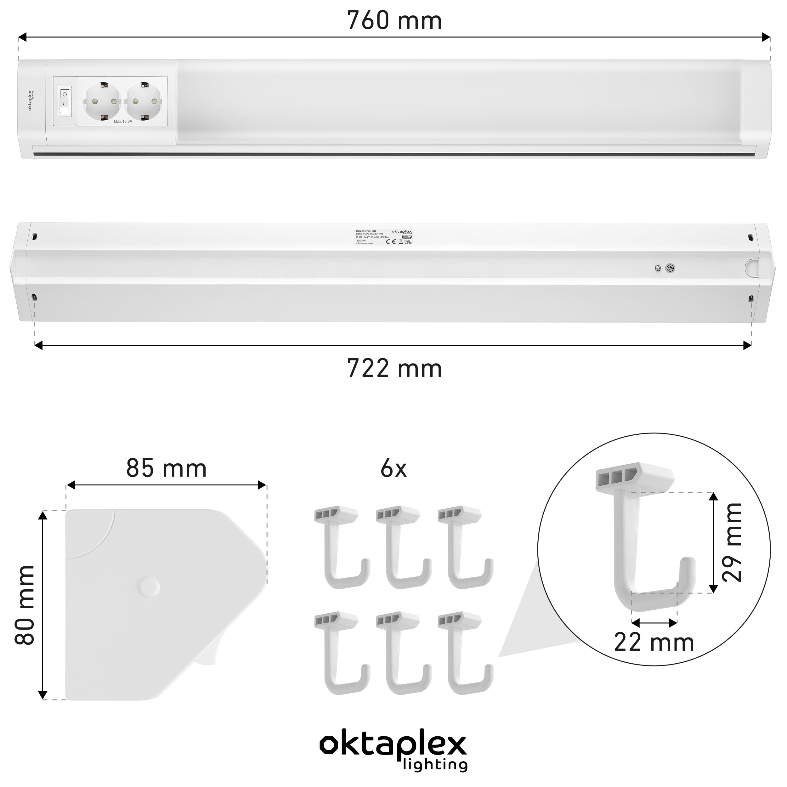 Oktaplex 3er Set Talin Unterbaulampe 76cm warmweiß mit Steckdose | 1635lm Warmweiß 3000K 14,8W mit Schalter Unterschranklampe Küche 230V weiß