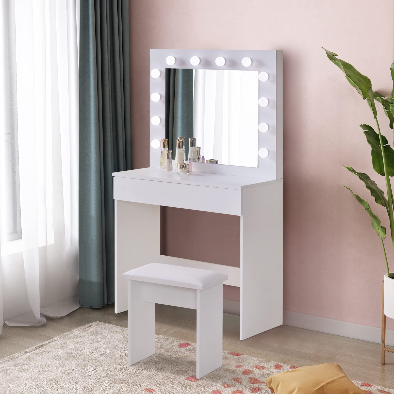LEMROE Toeletta bianca con 1 grande cassetto e sgabello, tavolo da trucco con luci LED Hollywood, mobili per la casa e la camera da letto (bianco, 1 cassetto)
