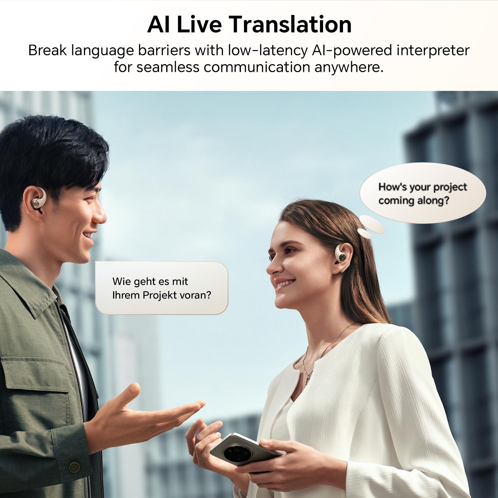 HONOR Earbuds Open Auricolari True Wireless con AI Live Translation, 3-Mic ANC Noise Cancelling Wireless Headphones, Bluetooth Headphones IP54 Waterproof 22H Battery Life, Android/iOS,Nero