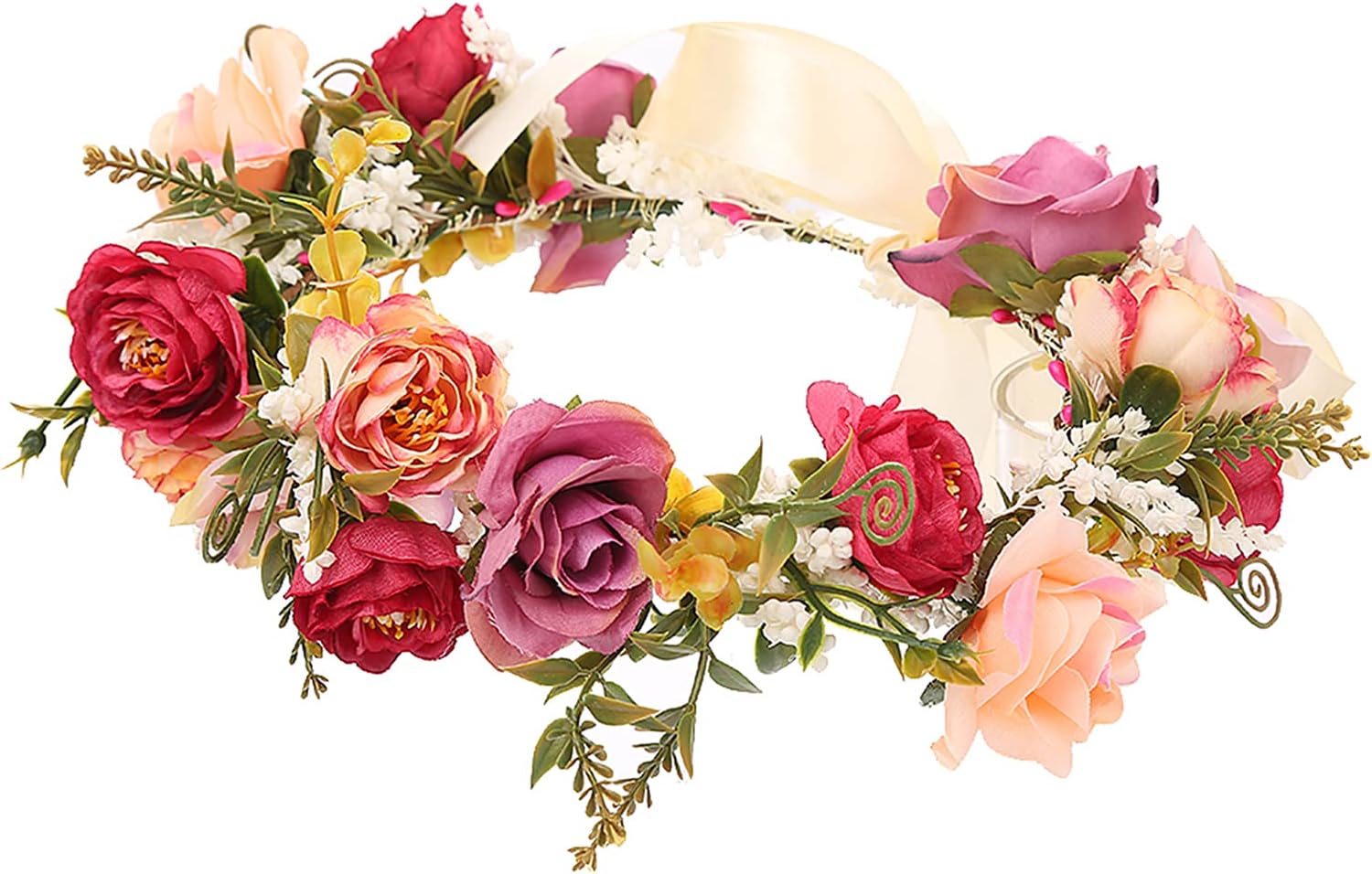 Vivivalue Rose Flower Crown Adjustable Flower Headband Hair Wreath Floral Headpiece Halo Boho with Ribbon Party Wedding