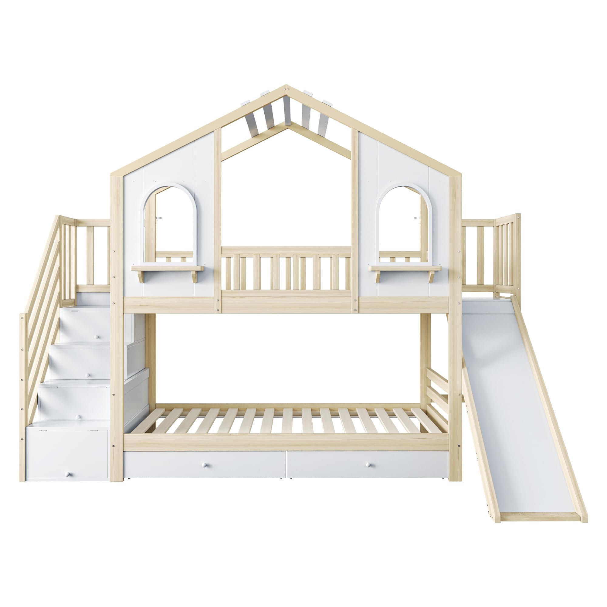 Cama litera infantil con forma de casa, 90 x 200 cm, cama doble con escalera de almacenamiento y tobogán divertido, amplios cajones y estantes, barra protectora en forma de techo, pino, color
