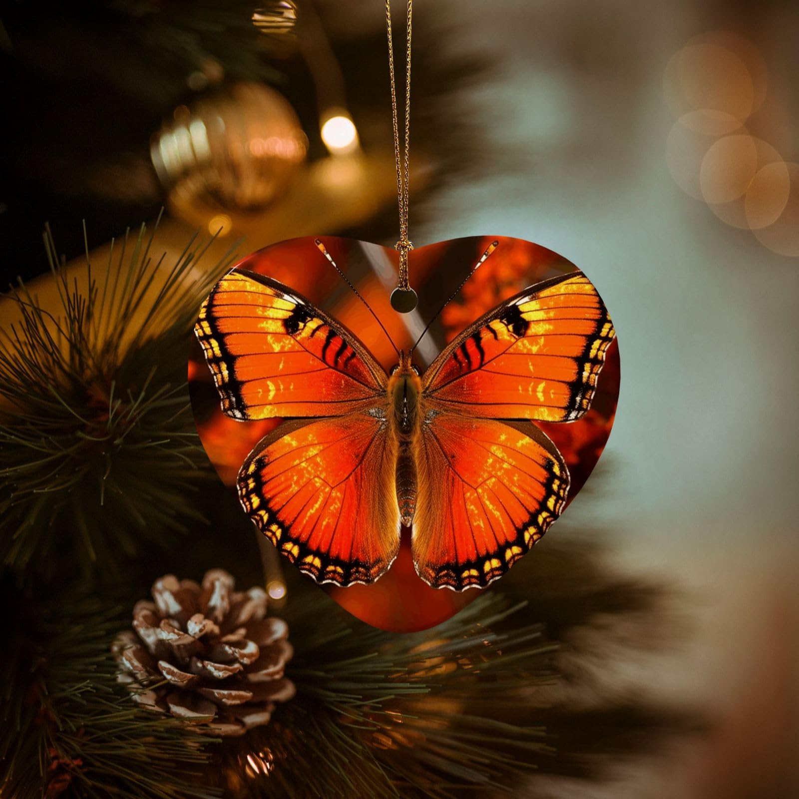 Christmas Tree Ornaments Ceramics Christmas Decorations Orange Butterfly Ornaments with Gold Ribbon Porcelain Xmas Tree Crafts Heart Shape Hanging Pendant for Christmas Tree Party Decor