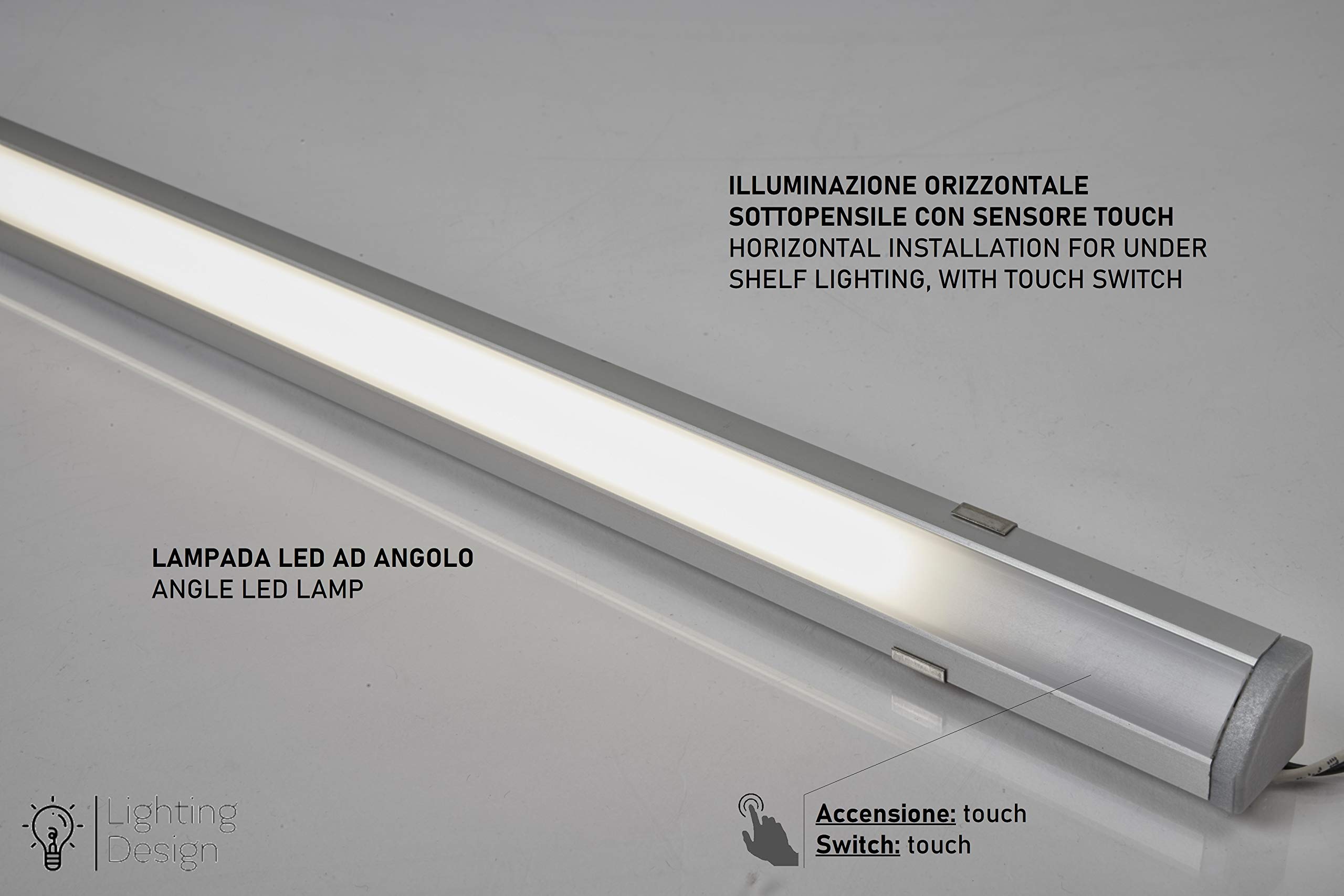 ERSA T01 - Lampada LED sottopensile ad angolo 562mm per interno casa. In alluminio in finitura anodizzata. Accensione/Spegnimento touch. Luce naturale (4100° K). Driver 10W incluso