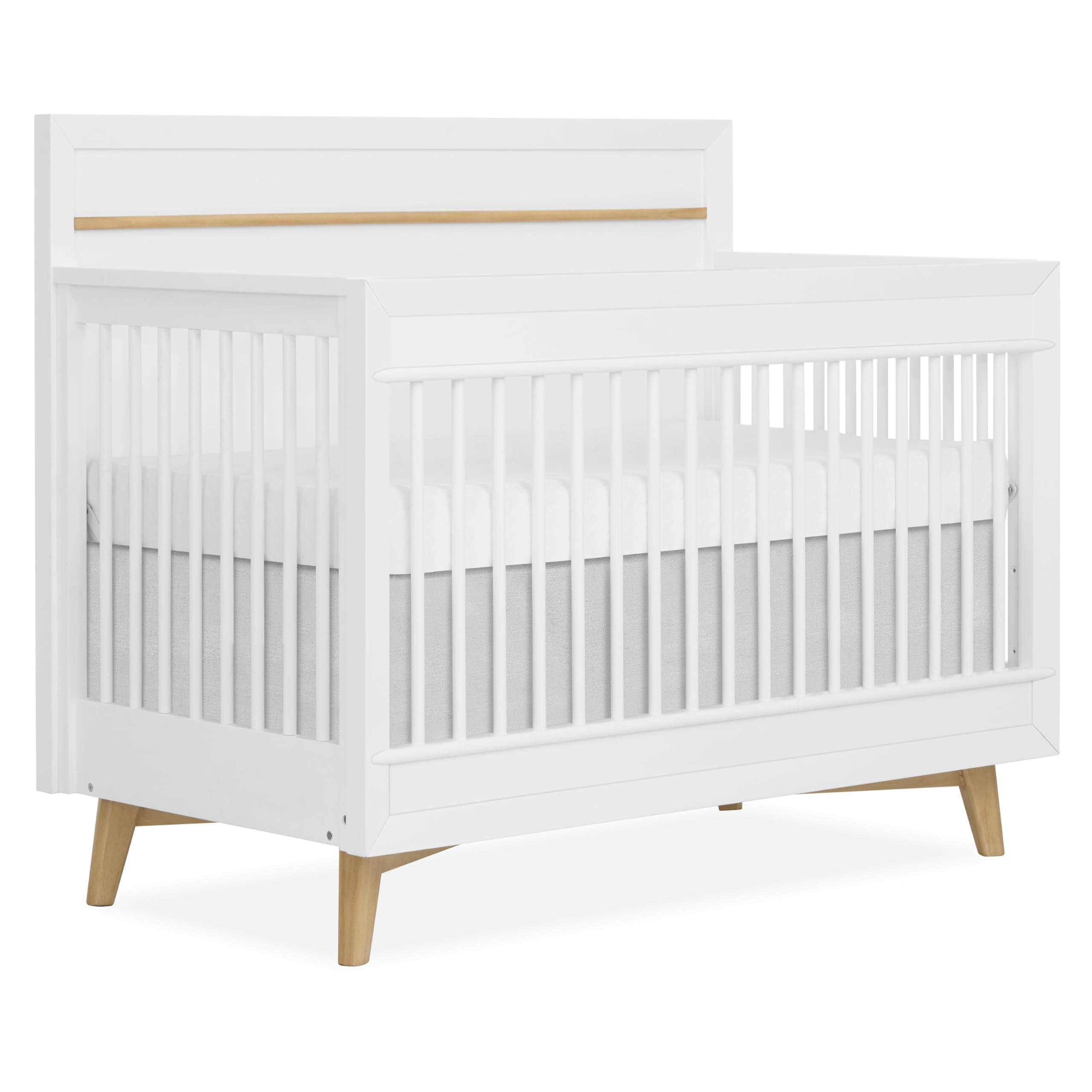 Evolur Loft Antilia Mid-Century 4-in-1 Convertible Crib in White & Natural, GREENGUARD Gold Certified, Converts to Toddler Bed, Daybed & Full Bed,